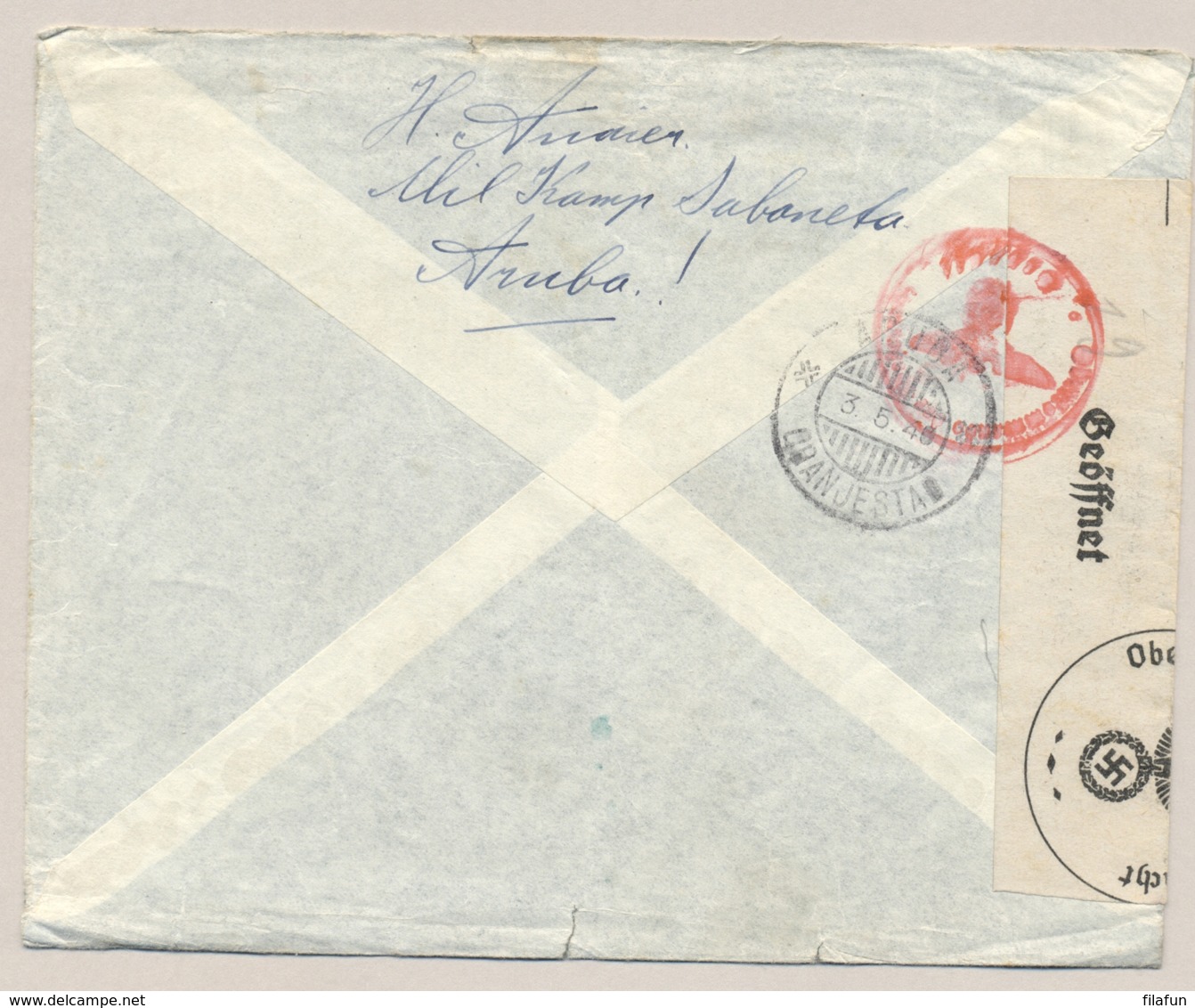 Curacao - 1940 - 2x 30 Cent Luchtpost Op Censored Cover Van KB ARUBA/St NICOLAAS Via KB ARUBA/ORANJESTAD Naar Den Haag - Curaçao, Antilles Neérlandaises, Aruba