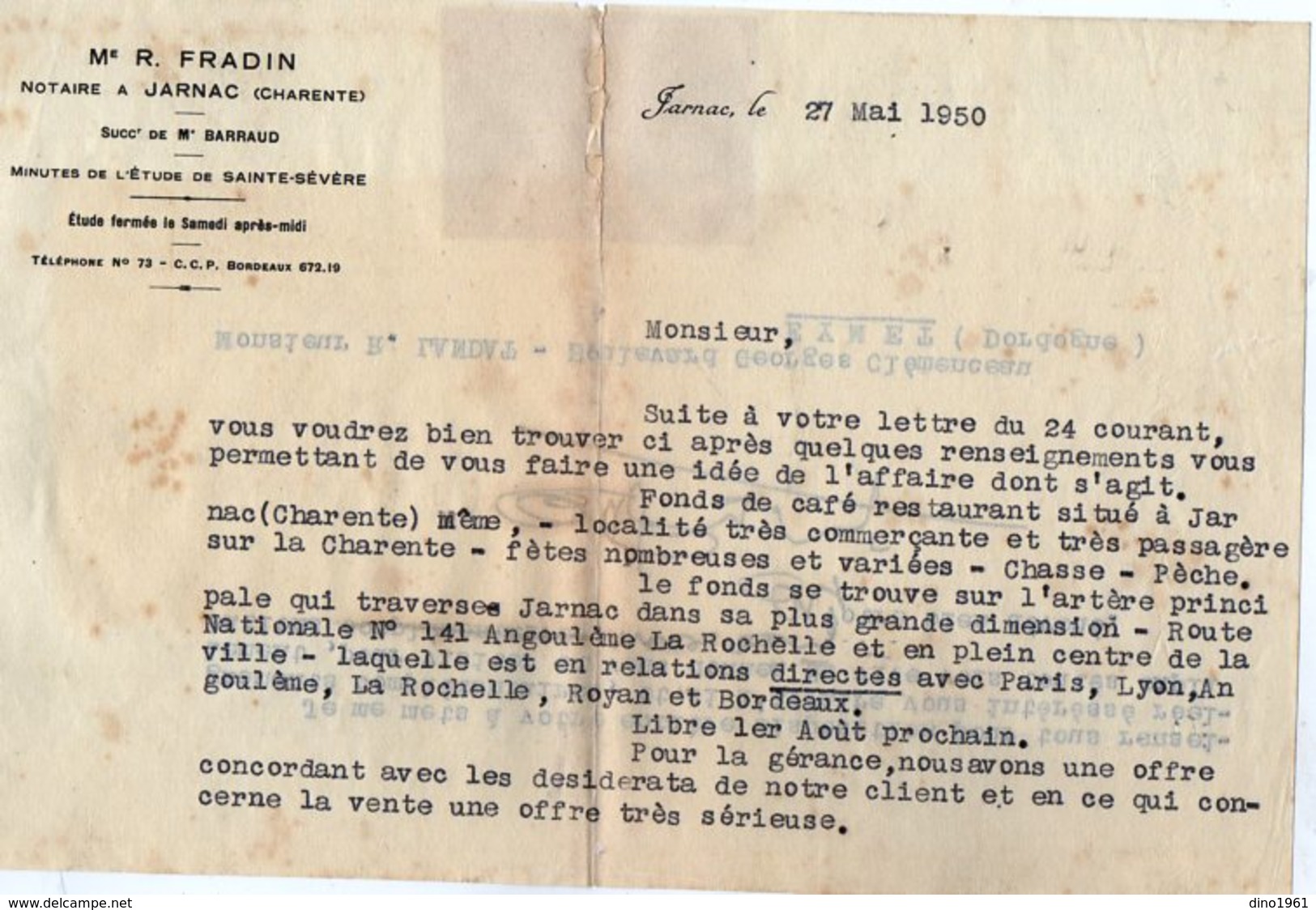 VP13.739 - Lettre De Me R. FRADIN Notaire à JARNAC ( Charente ) - Collections