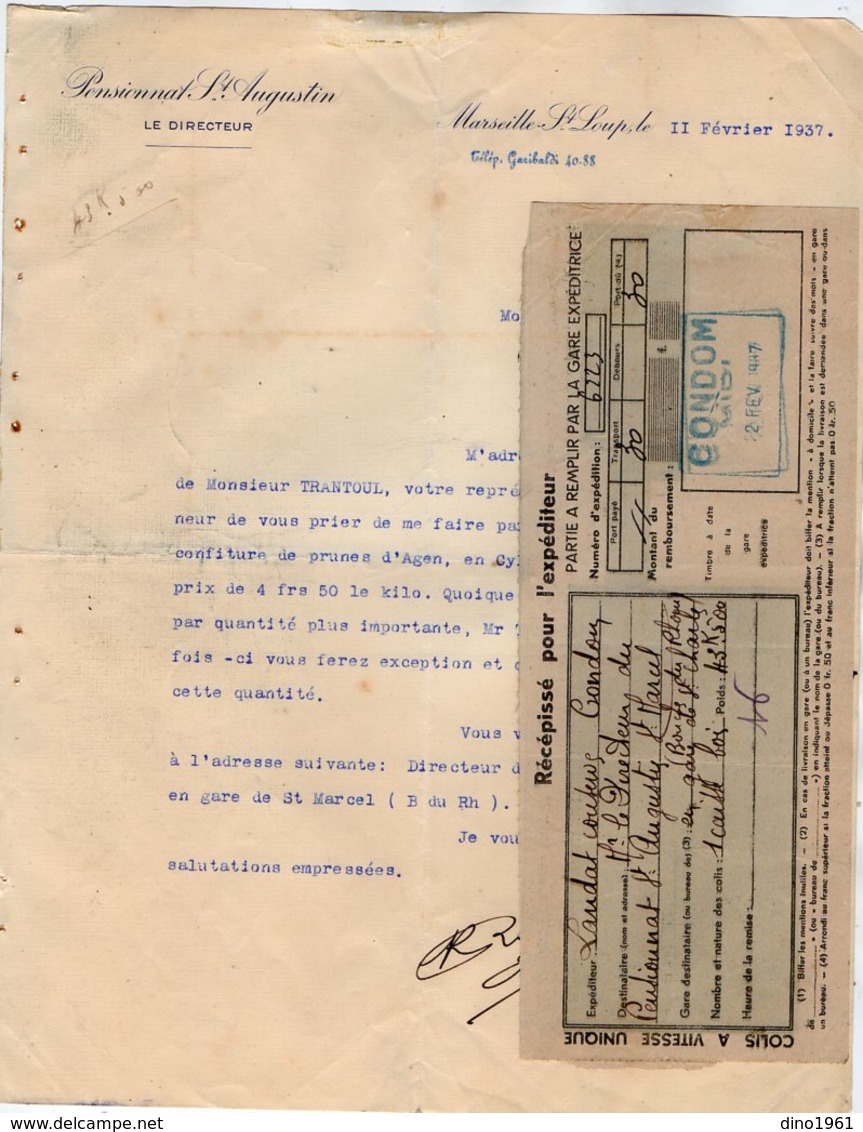 VP13.740 -  Bon De Transport S.N.C.F. CONDOM & Lettre  Pensionnat Saint Augustin à MARSEILLE SAINT LOUP - Collections