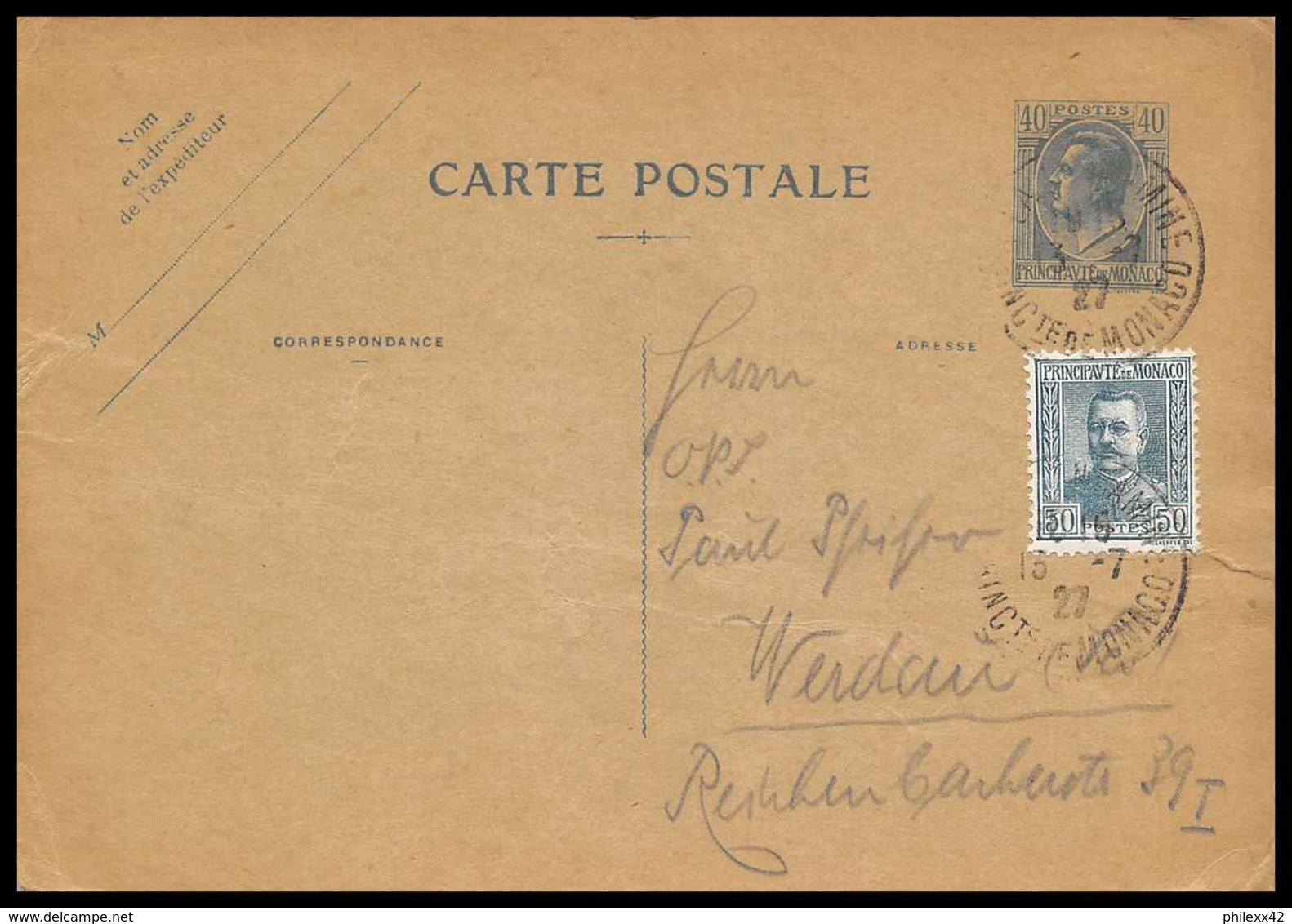 4482 Louis 2 D3a Turquoise Complement Pour Allemagne Germany 1927 Carte Monaco Entier Postal Stationery - Entiers Postaux