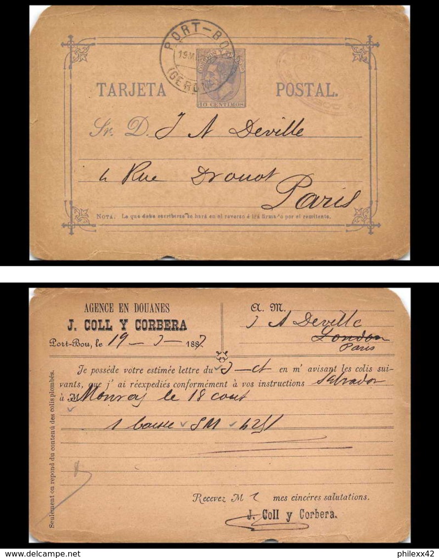 4533 Port Bou Pour Drouot 1887 Carte Postale Espagne (spain) Entier Postal Stationery - 1850-1931