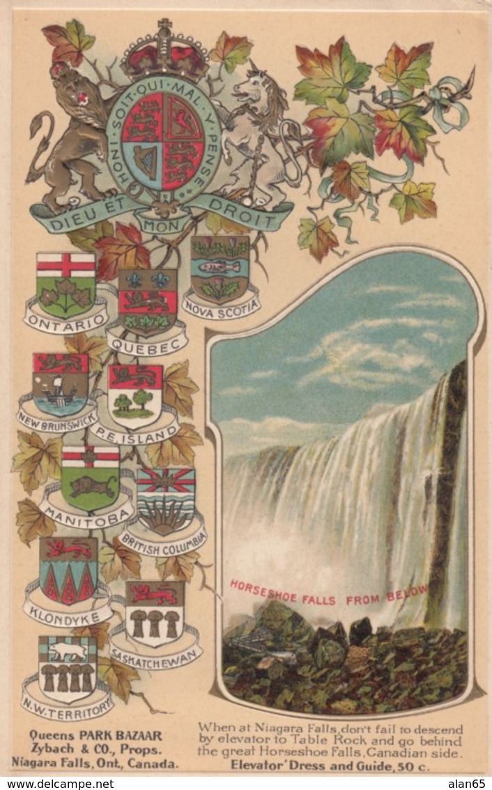 Niagra Falls Ontario Canada, Provincial Crests, Horseshoe Falls From Below, 1900s/10s Vintage Embossed Postcard - Niagara Falls