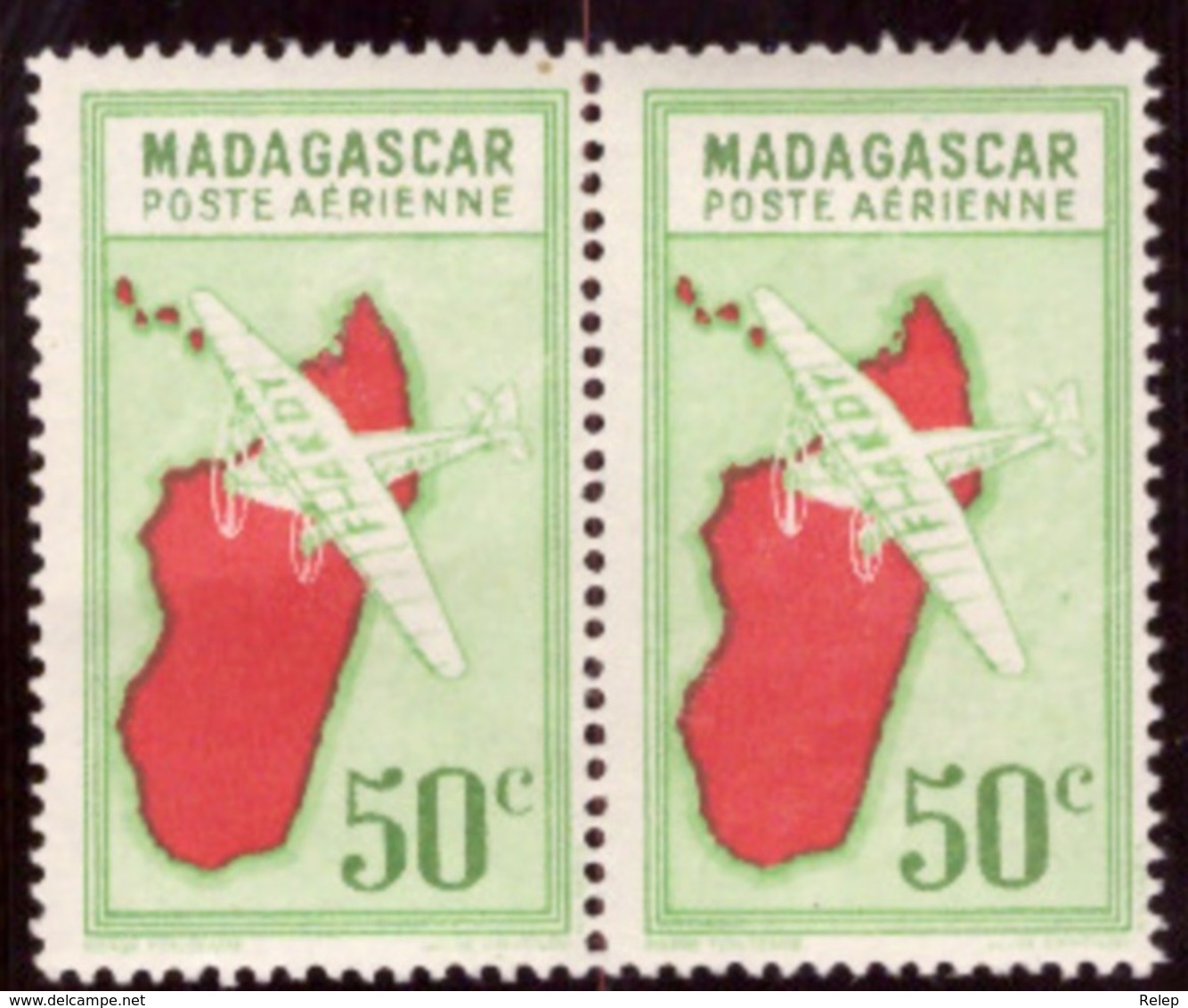 Madagascar - 1942 Airmail - Airplane Over Map Of Madagascar Without "RF" Top Left # MINT # Poste Aérienne 50C - Nuevos