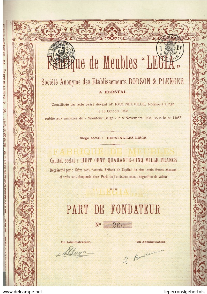 Action Ancienne - Fabrique De Meubles Légia Sté Anonyme Des Etablissements Bodson & Plenger à Herstal - 2 Titres - - Industrie
