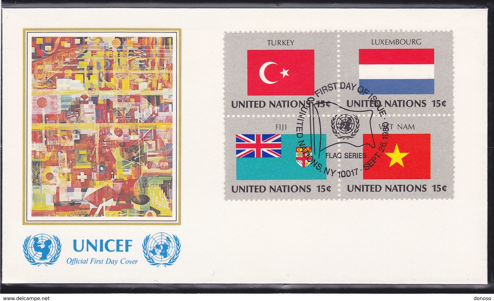 NATIONS UNIES 1980  DRAPEAUX  4 FDC UNICEF Yvert 316-331 - FDC