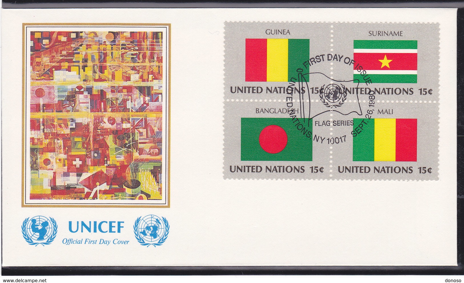 NATIONS UNIES 1980  DRAPEAUX  4 FDC UNICEF Yvert 316-331 - FDC