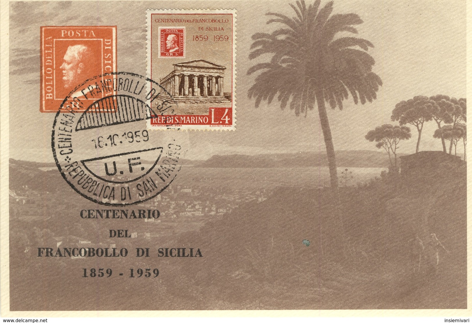 SAN MARINO - 1959 - Centenario dei primi francobolli di Sicilia.fdc su 6 cartoline.£.1+£.2+£.3+£.4+£.5+£.25.