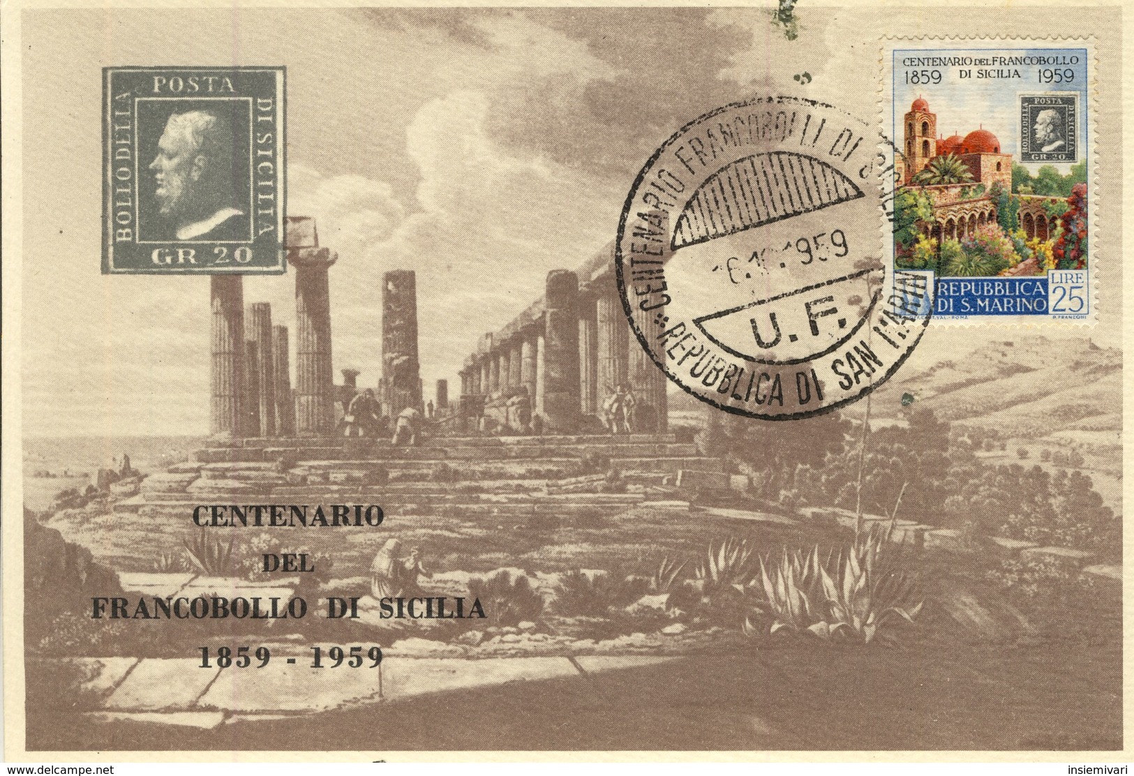 SAN MARINO - 1959 - Centenario dei primi francobolli di Sicilia.fdc su 6 cartoline.£.1+£.2+£.3+£.4+£.5+£.25.