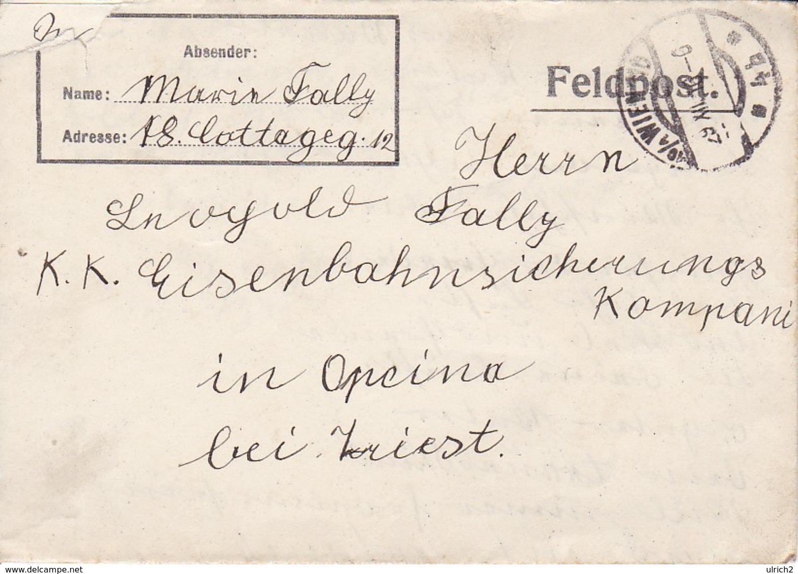 Feldpostbrief Wien Nach K.k. Eisenbahnsicherungs Komp. Opcina Bei Triest - 1916 (38540) - Storia Postale