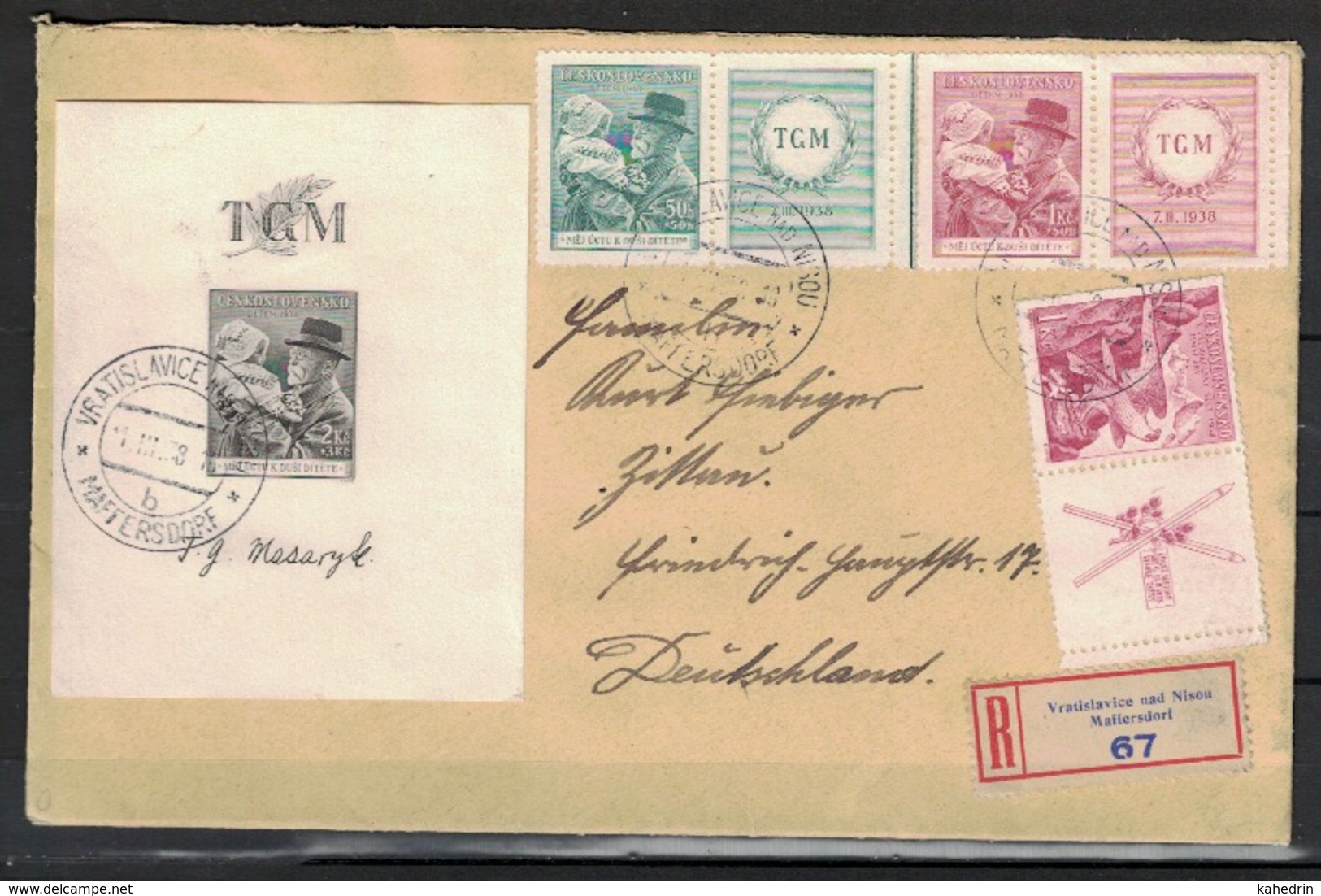 Czechoslovakia 1938, Registered Cover Vratislavice (Maffersdorf) To Zittau, Tomáš Masaryk (S/S) - Brieven En Documenten