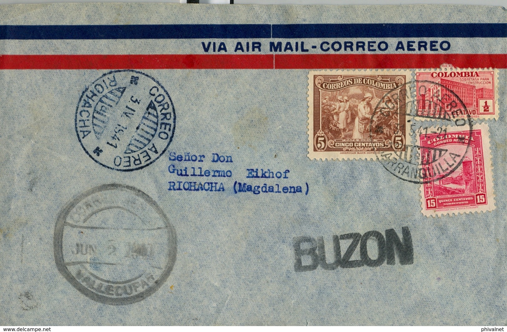 1941 , COLOMBIA , CORREO AÉREO , BARRANQUILLA - RIOHACHA , TRÁNSITO DE VALLEDUPAR , MARCA " BUZÓN " - Colombia