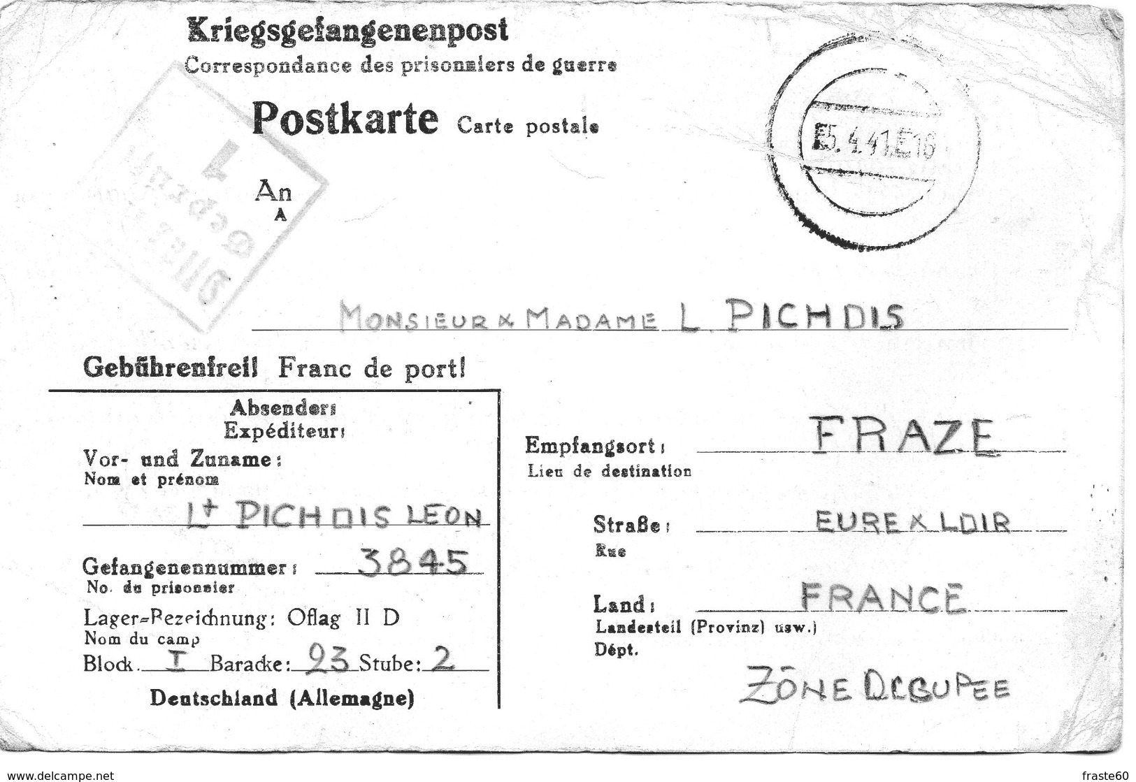 ¤ Lettre De Prisonnier (guerre 39 / 45) Envoyée D'un Camp En Allemagne - Documentos