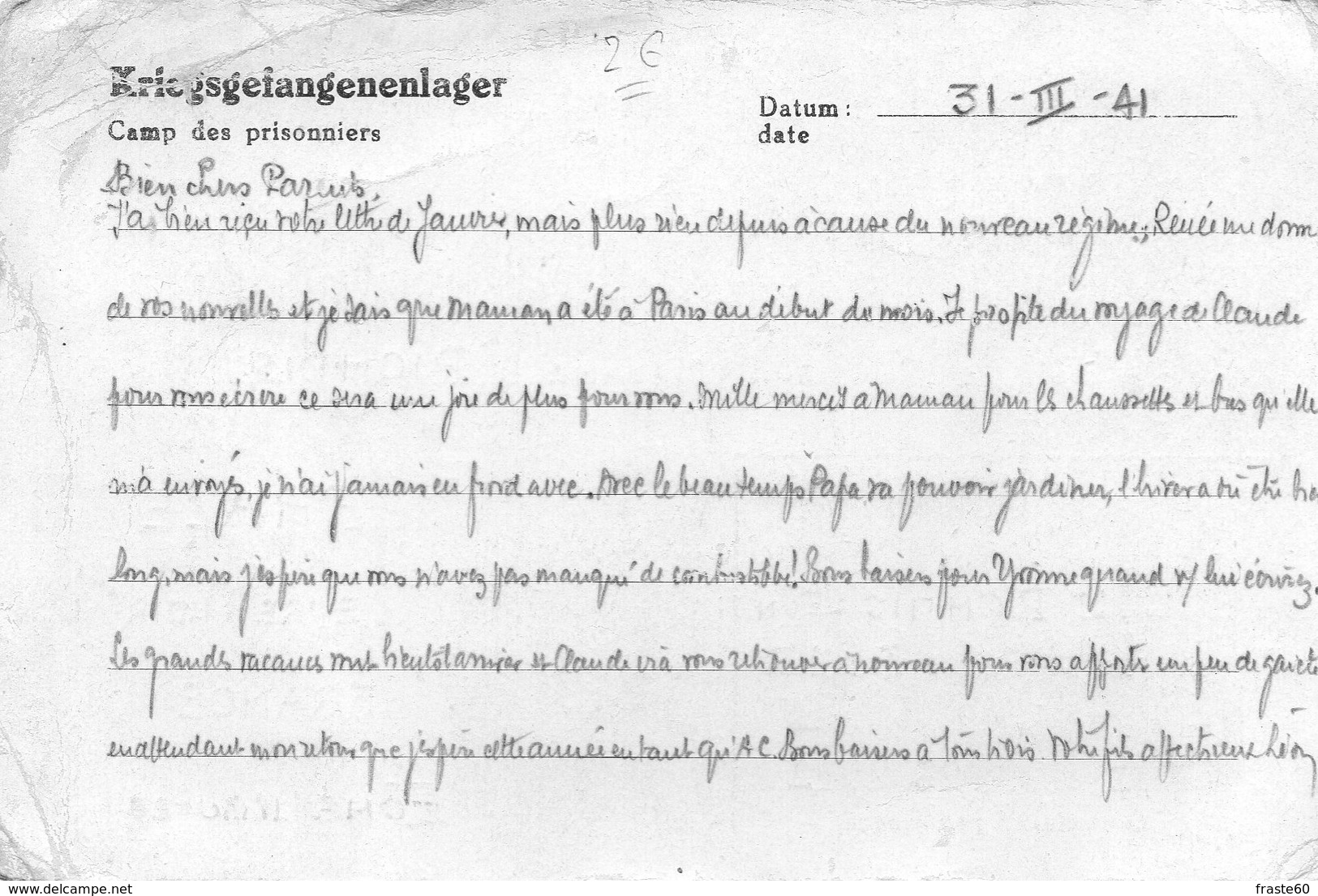 ¤ Lettre De Prisonnier (guerre 39 / 45) Envoyée D'un Camp En Allemagne - Documenten