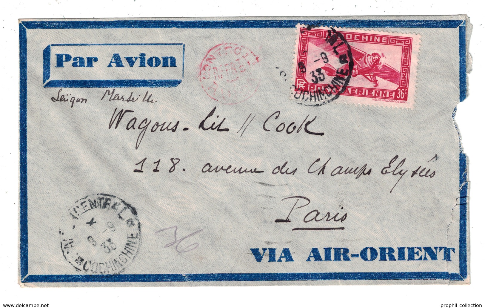 1933 - CACHET ROUGE " CONTROLE AVION " SUR LETTRE D'INDOCHINE POUR PARIS VIA AIR ORIENT CAD SAIGON CENTRAL - 1960-.... Lettres & Documents