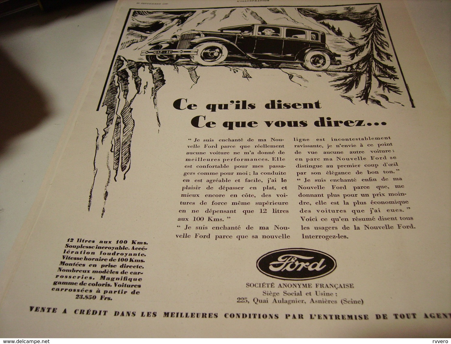 ANCIENNE PUBLICITE AUTOMOBILE FORD CE QU IL DISENT  1930 - Publicités