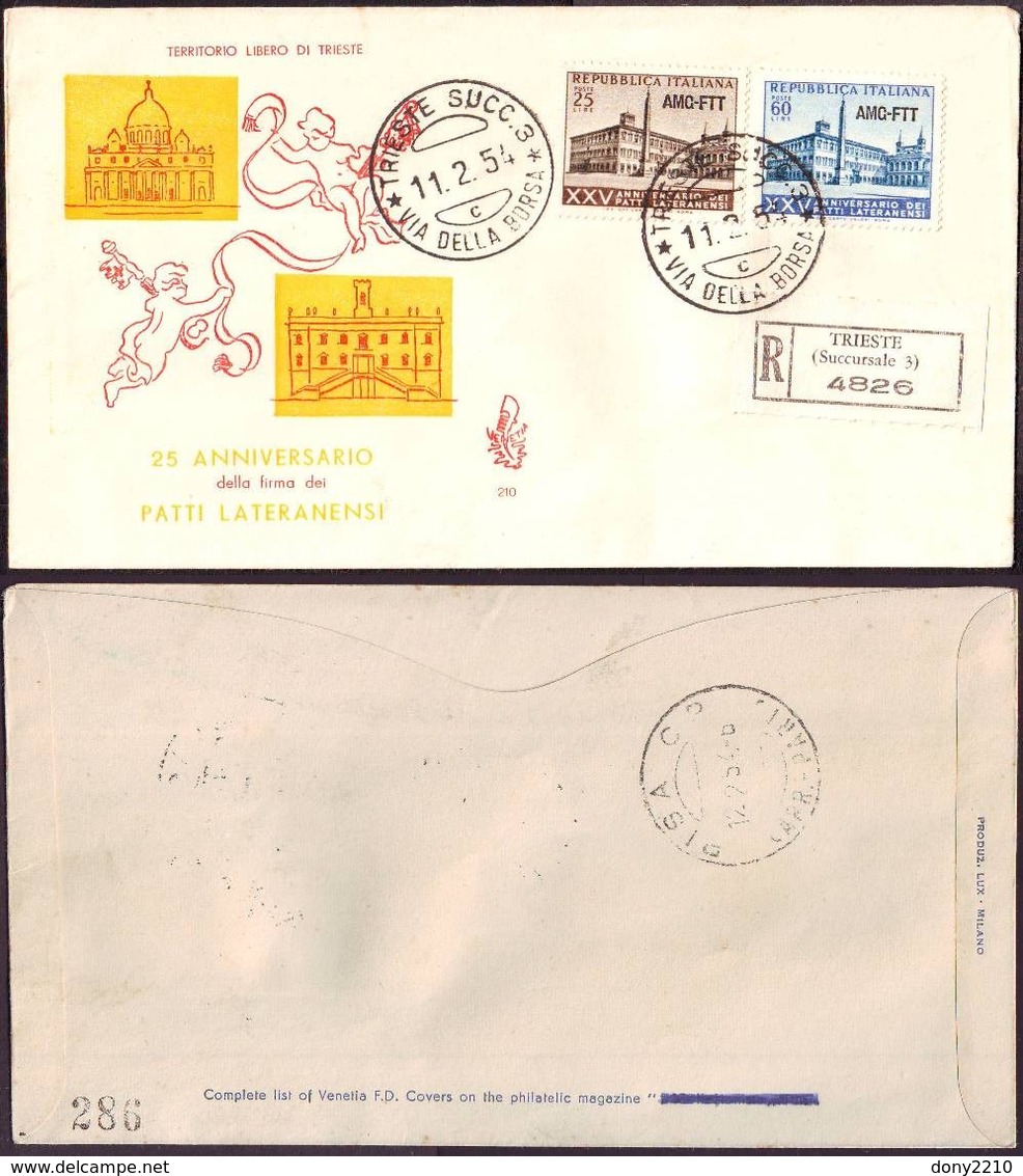 Fdc Venetia Ts 1954 210 Patti Laterannsi Raccomandata - Andere & Zonder Classificatie