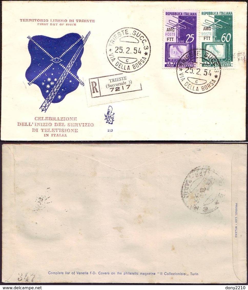 Fdc Venetia Ts 1954 213 Servizio Radio Televisivo Italiano Raccomandata - Autres & Non Classés