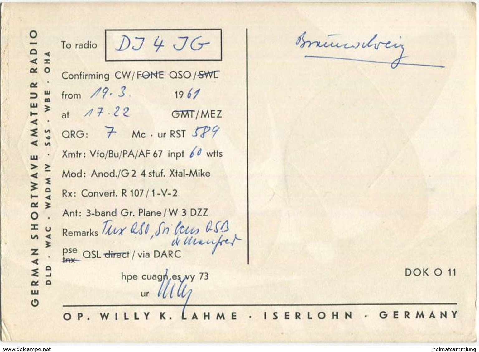QSL - Funkkarte DL1JS - Iserlohn - 1961 - Amateurfunk