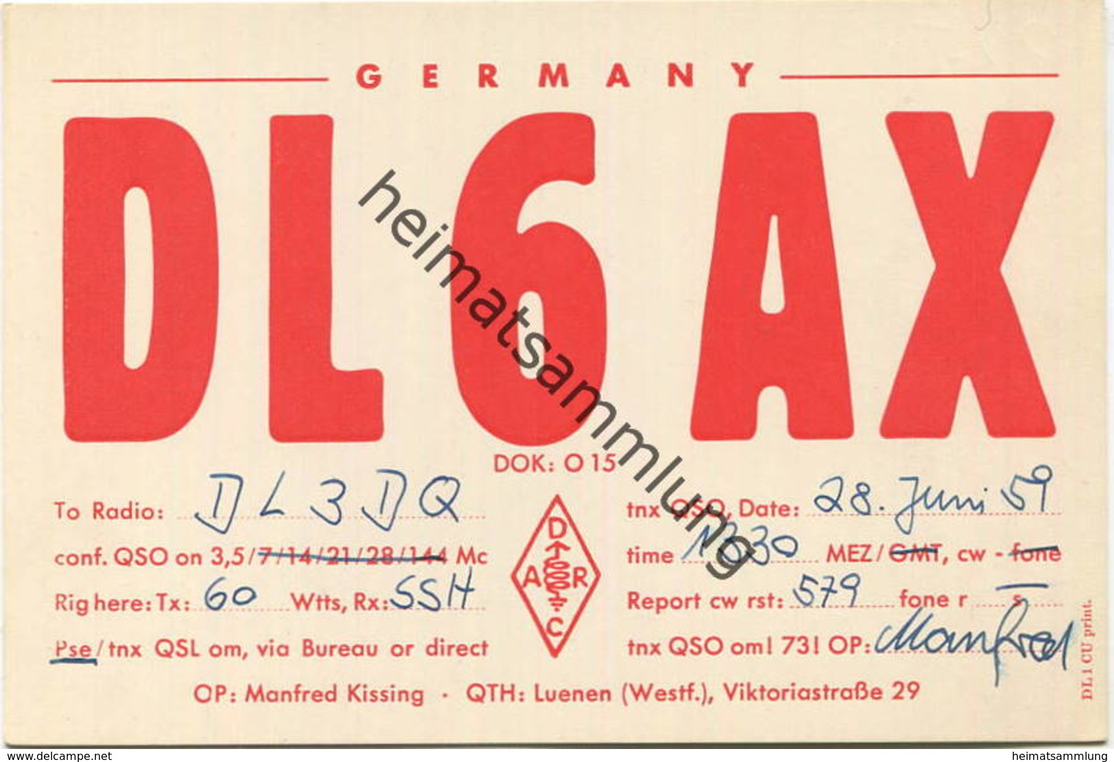QSL - Funkkarte - DL6AX - Lünen - 1959 - Amateurfunk