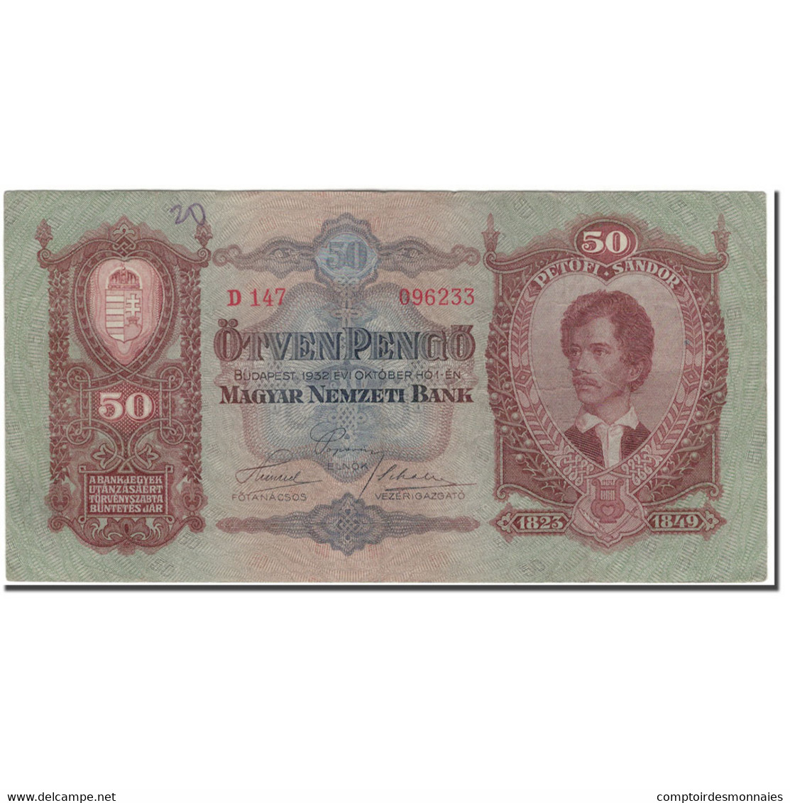 Billet, Hongrie, 50 Pengö, 1932-10-01, KM:99, TTB - Hongrie