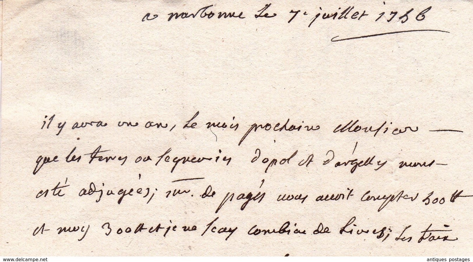 Lettre Narbonne 1756 Languedoc Aude pour Paris Durban