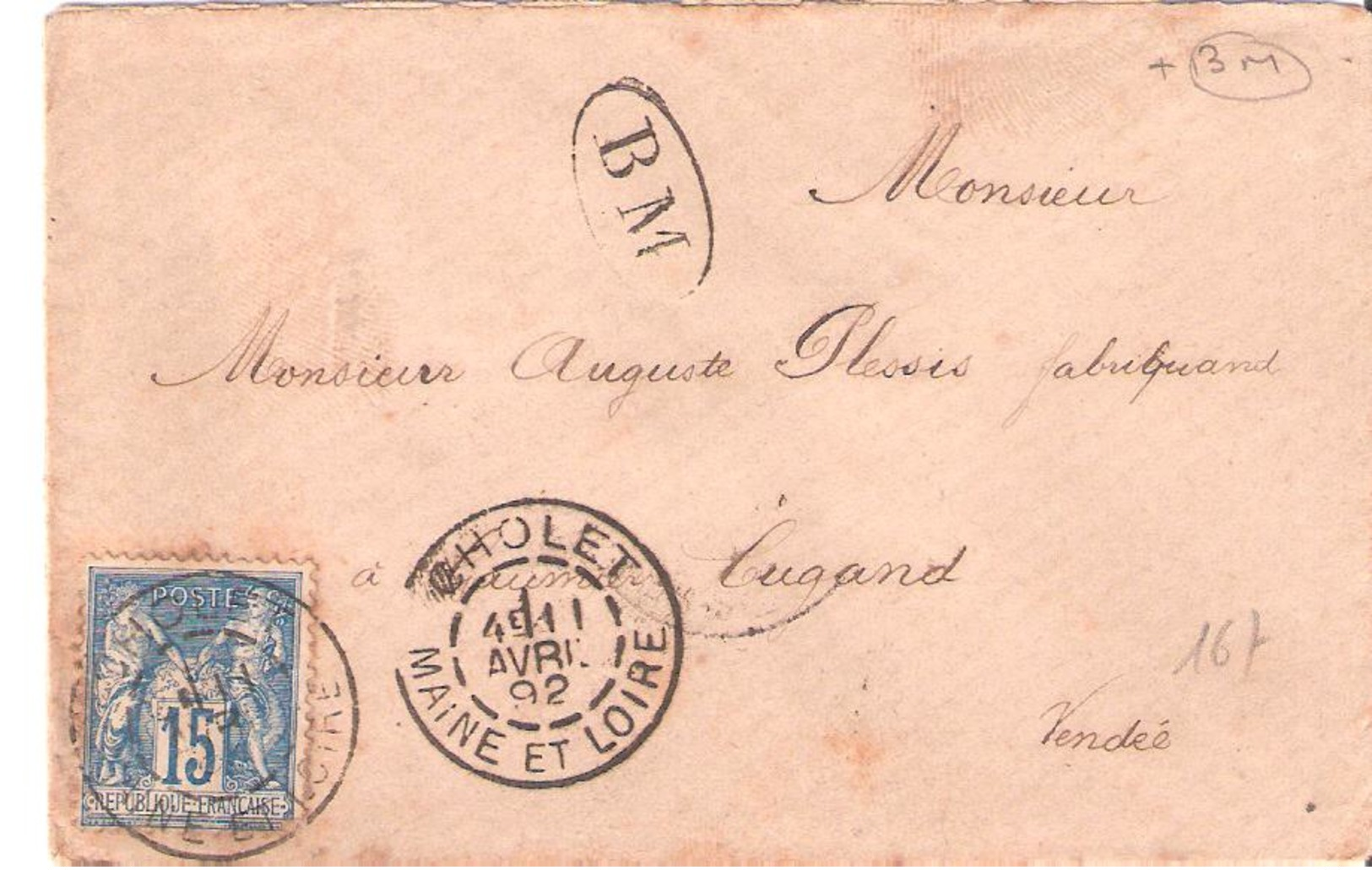 Maine Et Loire :- CHOLET Dateur Type A2 + B.M. Sur Lettre Pour CUGAND - 1877-1920: Semi Modern Period