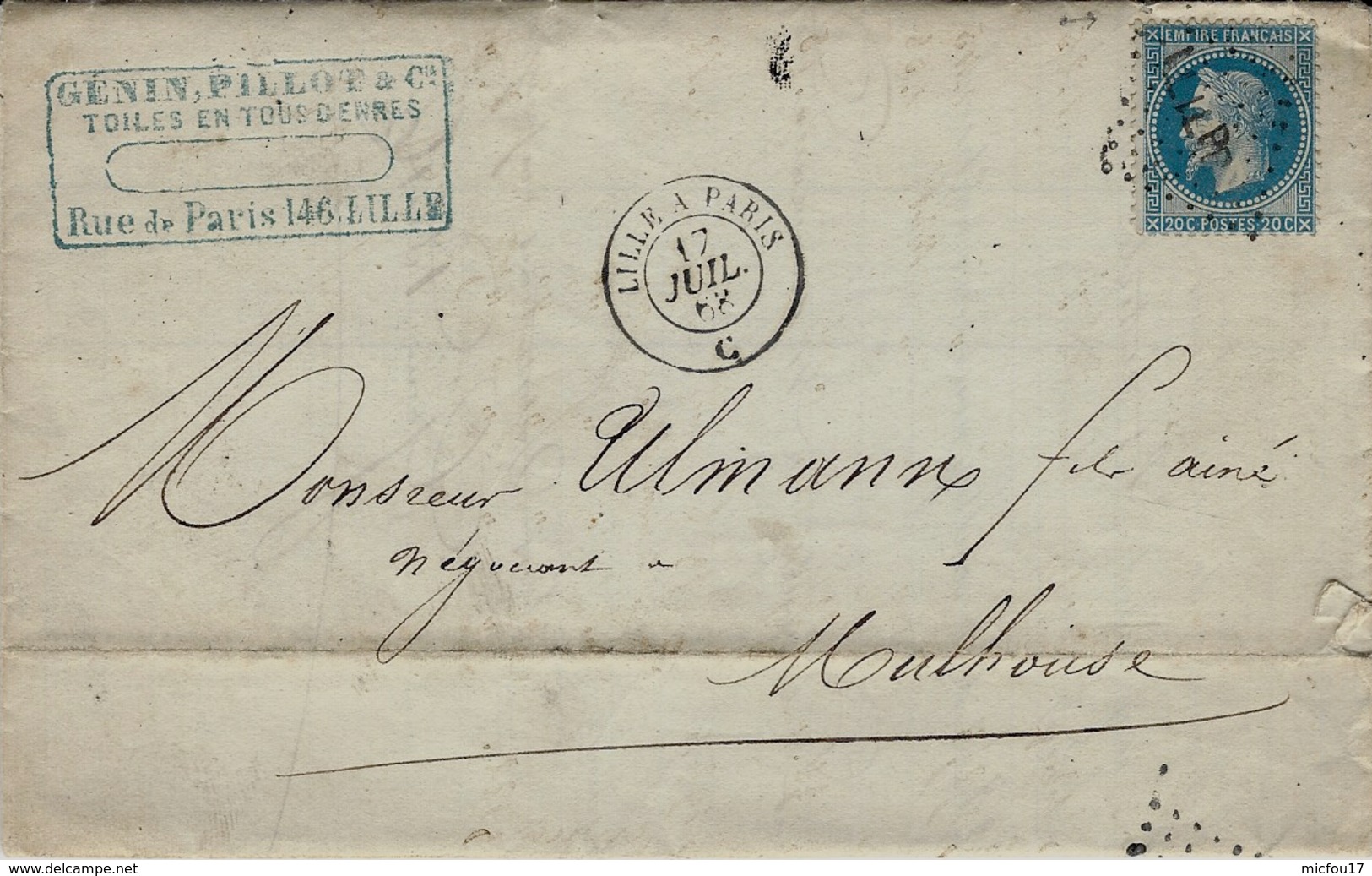 1868- Lettre De LILLE ( Nord ) Cad AMB.  LILLE A PARIS  C  Affr. N°29 Oblit. Los. LIL P - Poste Ferroviaire