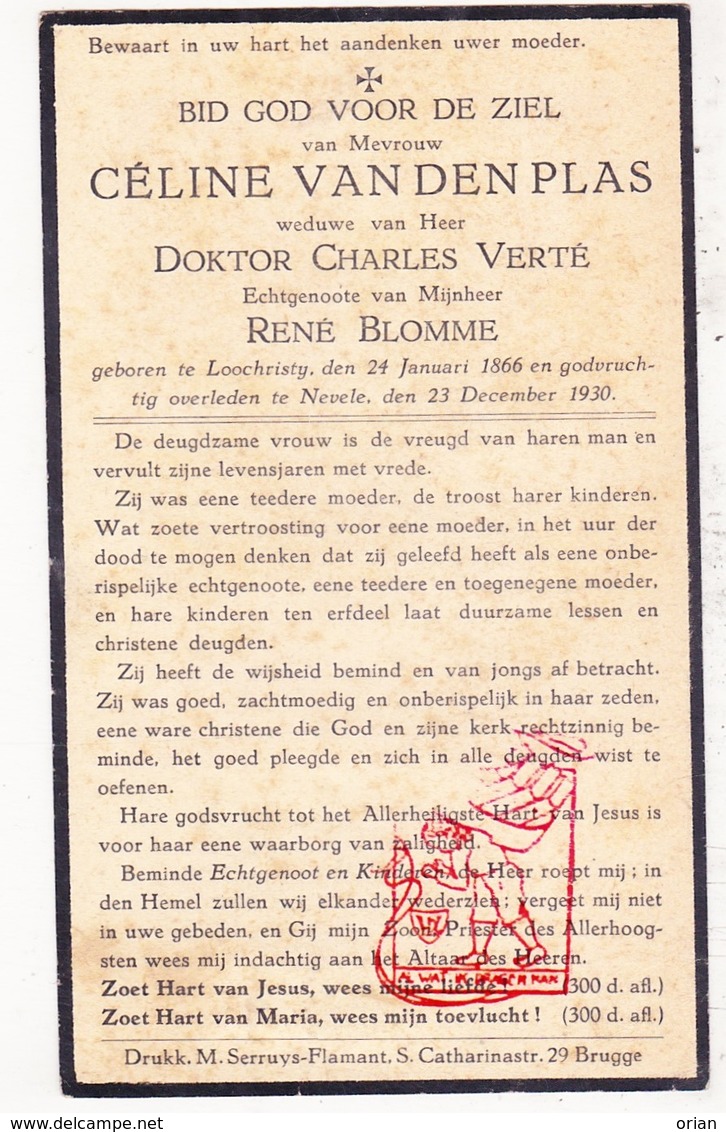 DP Céline Van Den Plas ° Lochristi 1866 † Nevele 1930 X Dokter Ch. Verté Xx R. Blomme - Andachtsbilder