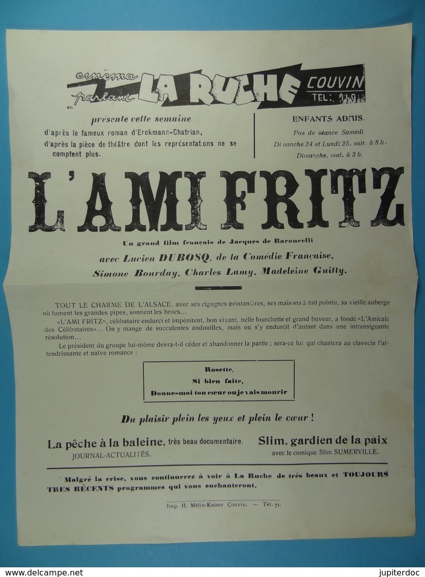 Couvin Cinéma Parlant La Ruche L'Ami Fritz De Jacques De Baroncelli (21 Cm X 28 Cm) - Affiches