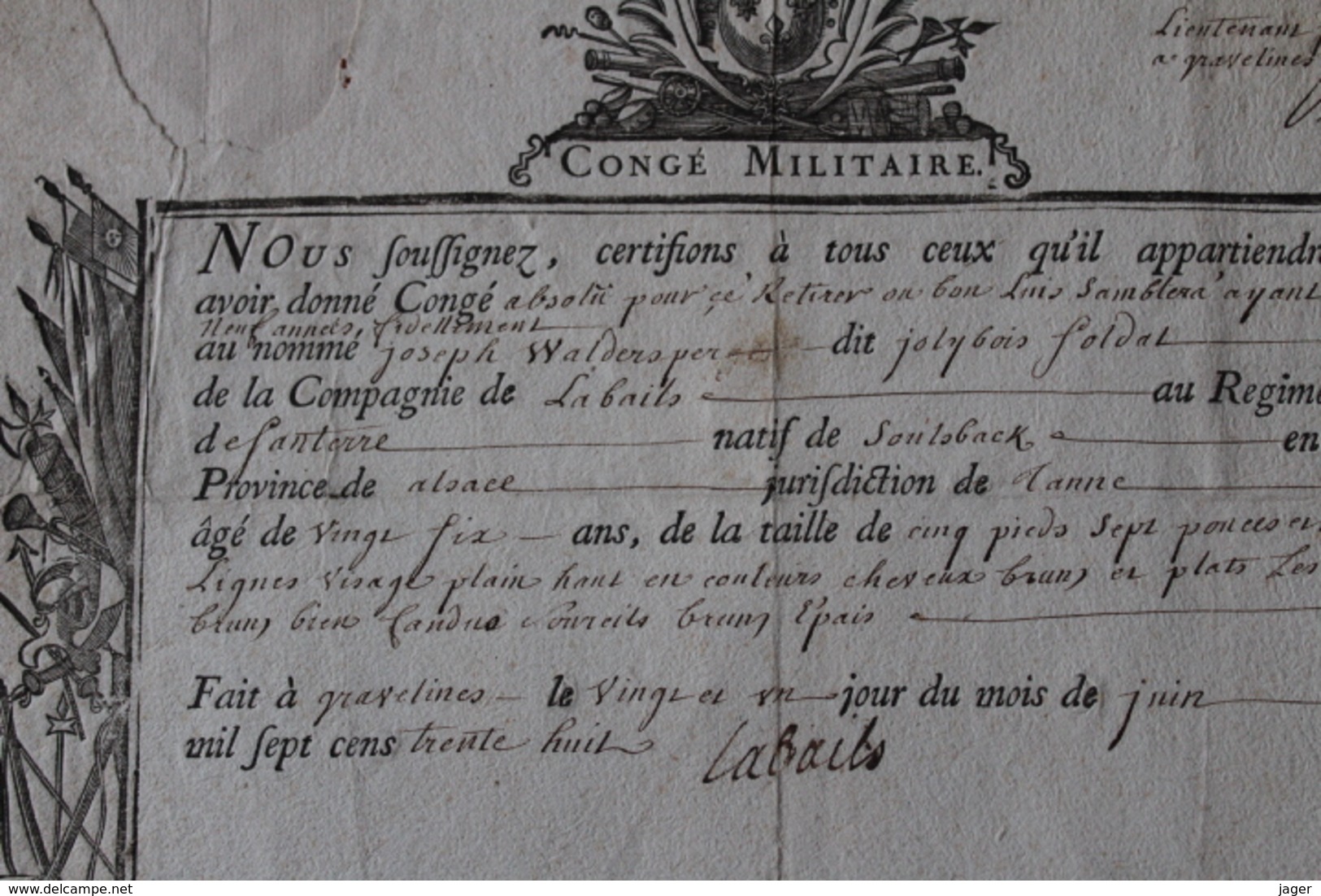 1738  Congé Militaire Ancien Regime - Documents Historiques