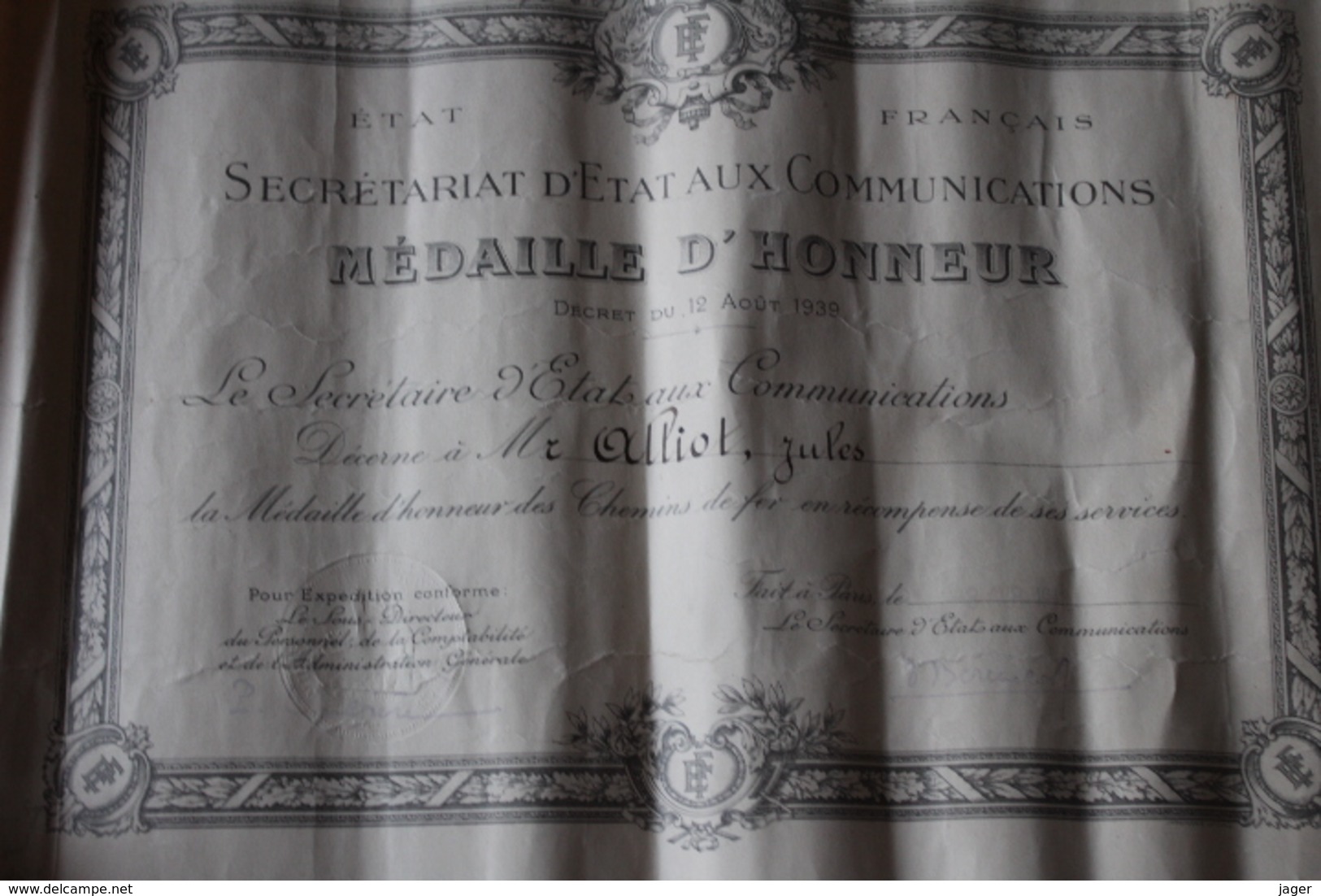 Diplome Etat Français  Chemin De Fer 1942 - Diplômes & Bulletins Scolaires