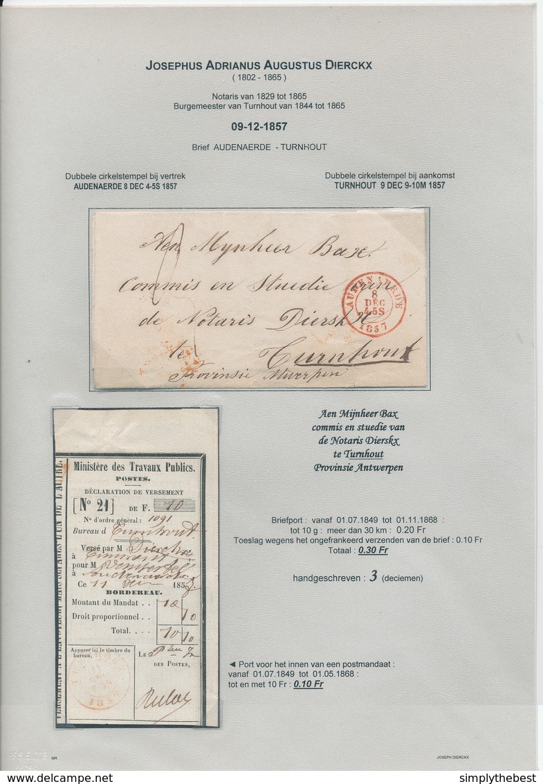 203/28 - Lettre Non Affranchie AUDENAERDE 1857 Vers TURNHOUT , Signée Van Gestel + Talon De Mandat - Andere & Zonder Classificatie