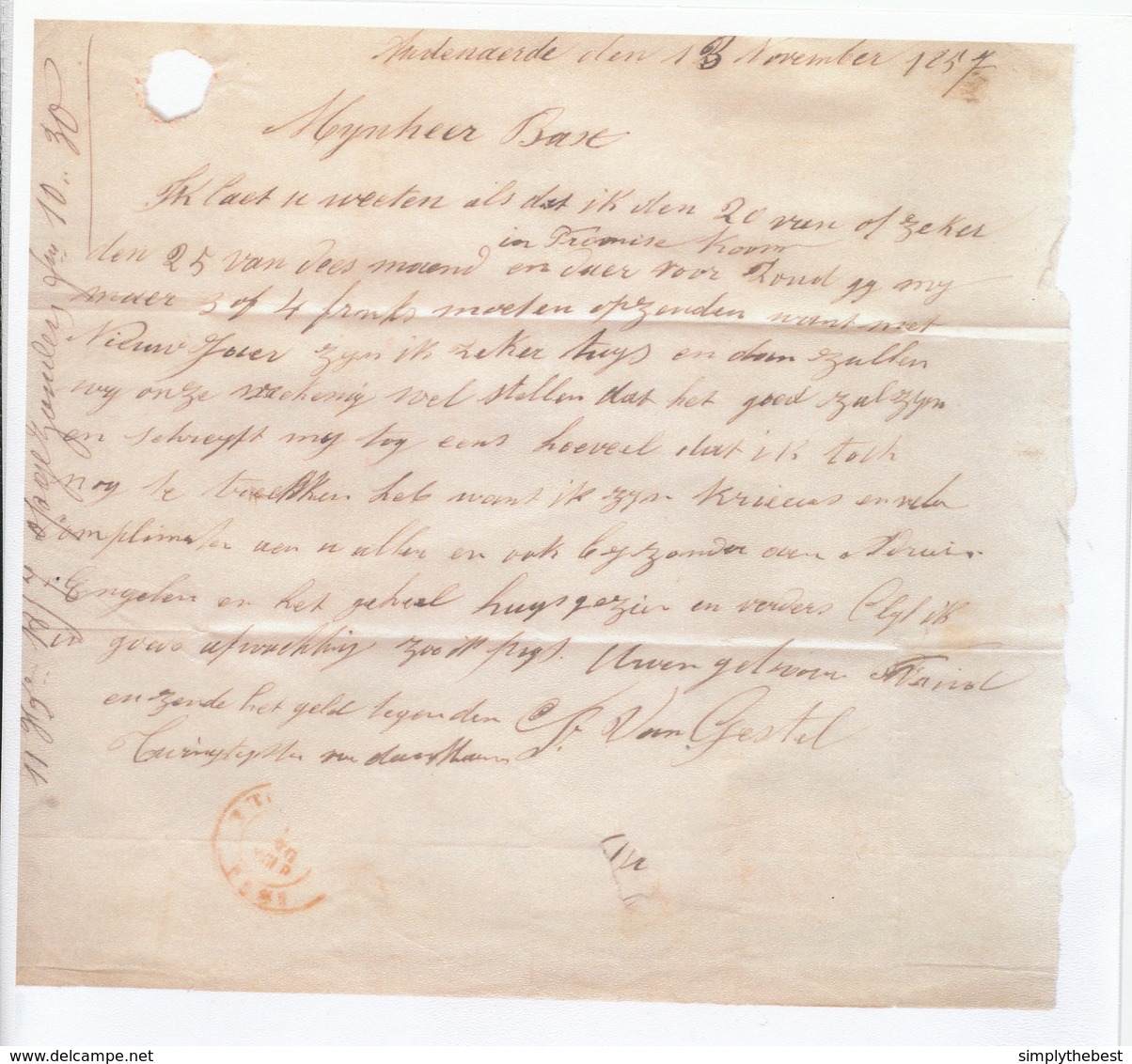 203/28 - Lettre Non Affranchie AUDENAERDE 1857 Vers TURNHOUT , Signée Van Gestel + Talon De Mandat - Other & Unclassified