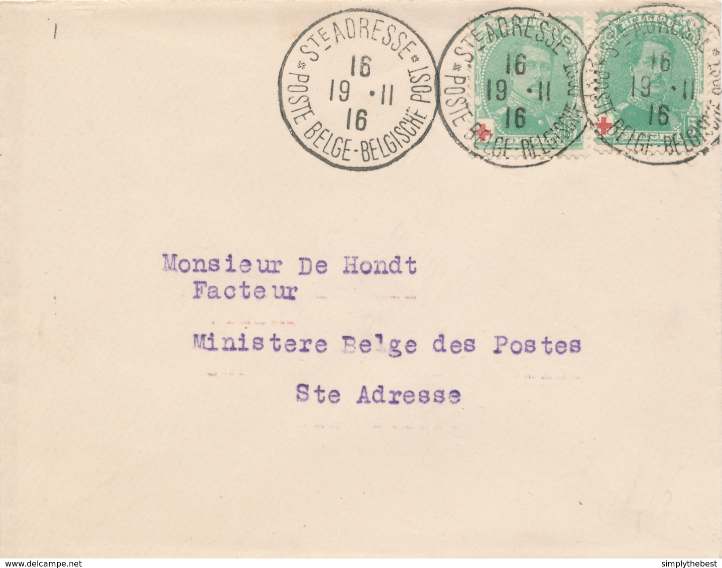 208/28 -  Lettre TP CROIX ROUGE 5 C X 2 - STE ADRESSE 1916 Vers Un Facteur Au Ministère Des Postes - SUPERBE - 1918 Rode Kruis