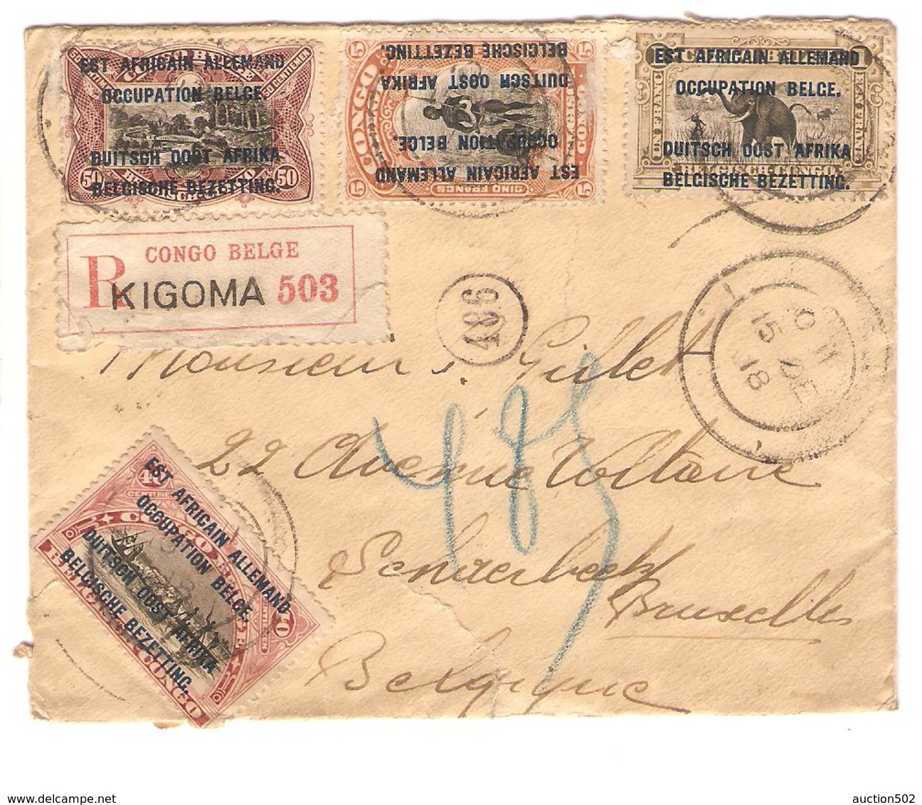 PR7024/ TP 28(2)-29-31(déf)-32-33-34-35 S/L.recommandée C.Kigoma 1918 + étiquette Recom Congo Belge Kigoma V.Schaerbeek - Covers & Documents