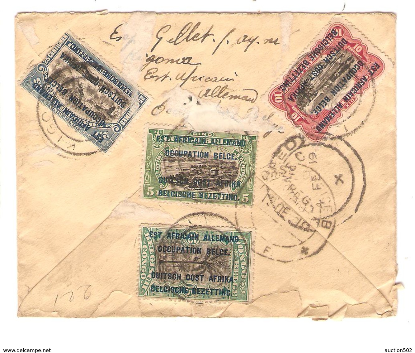 PR7024/ TP 28(2)-29-31(déf)-32-33-34-35 S/L.recommandée C.Kigoma 1918 + étiquette Recom Congo Belge Kigoma V.Schaerbeek - Covers & Documents