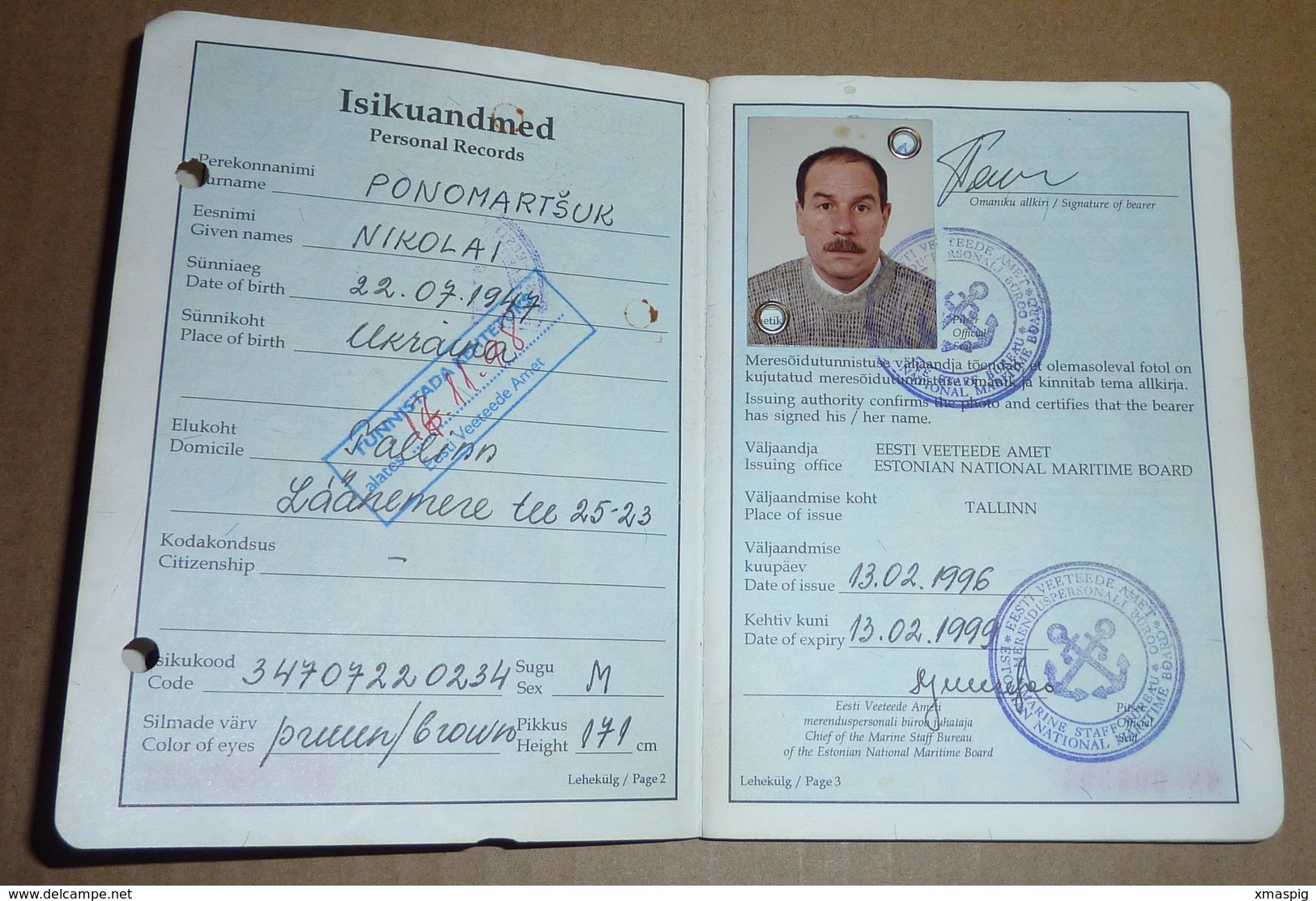 Seaman Naval Marine ID Passport Reisepass Passeport Estonia 1996 - Documenti Storici