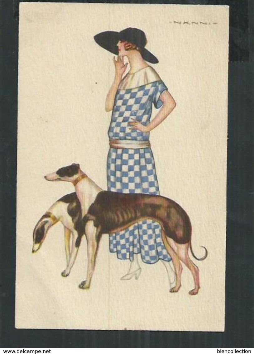 Illustrateur Nanni, Femme Au Chien Levrier. Woman With A Greyhound Dog. - Nanni