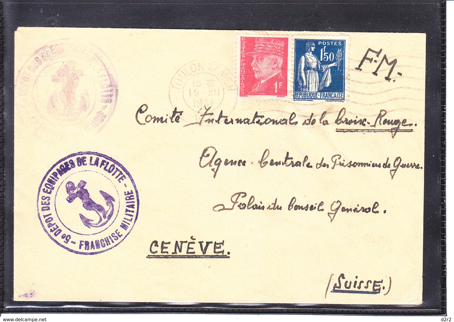 LETTRE POUR LA CROIX ROUGE - 1941 - FM - CACHET " 5E DEPOT DES EQUIPAGES DE LA FLOTTE - TOULON 1941 - War Stamps