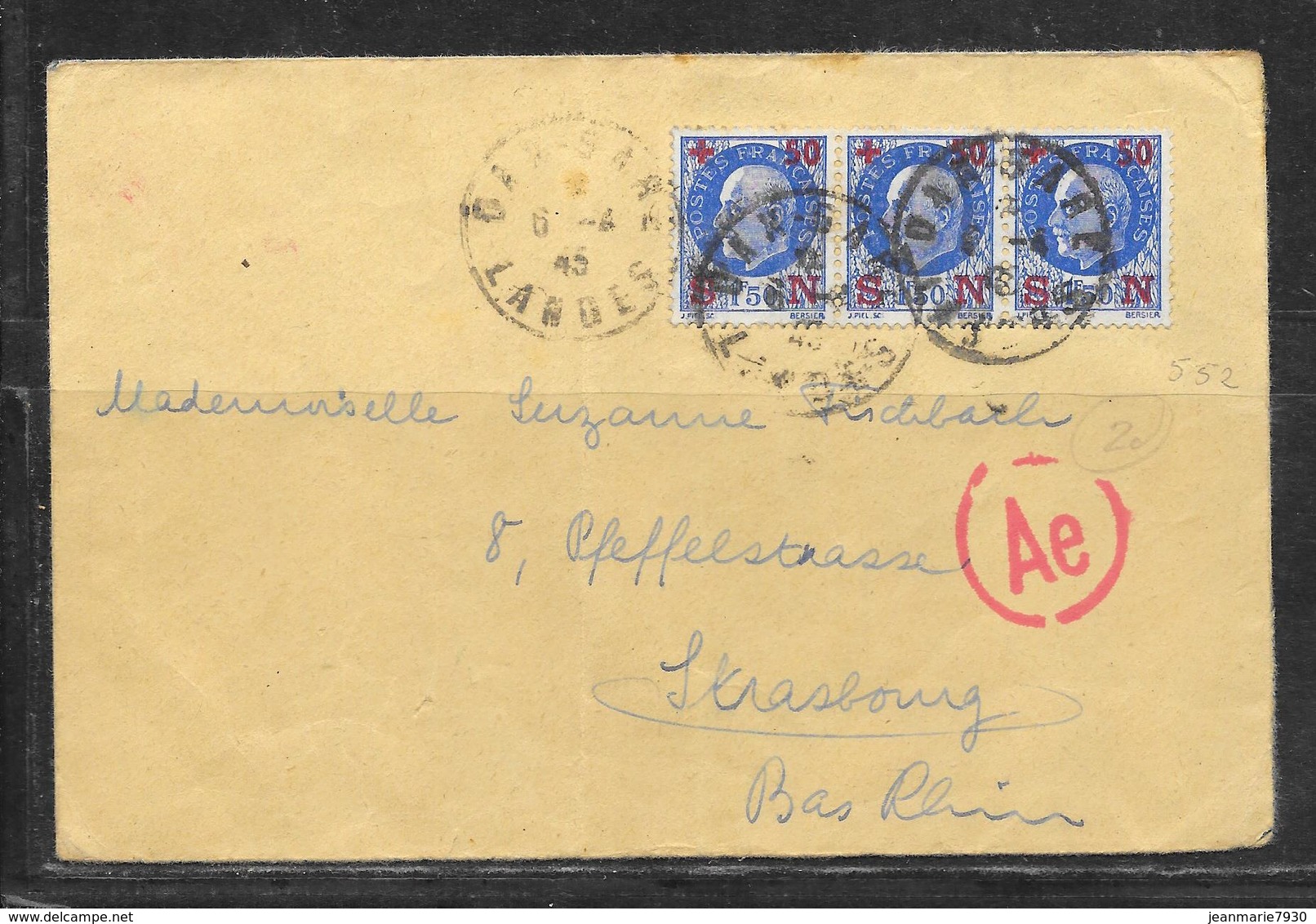 LOT 1812248 - N° 552 (BANDE DE 3 ) SUR LETTRE DU 06/04/45 POUR STRASBOURG - CACHET DE CENSURE ALLEMANDE - 1921-1960: Modern Tijdperk