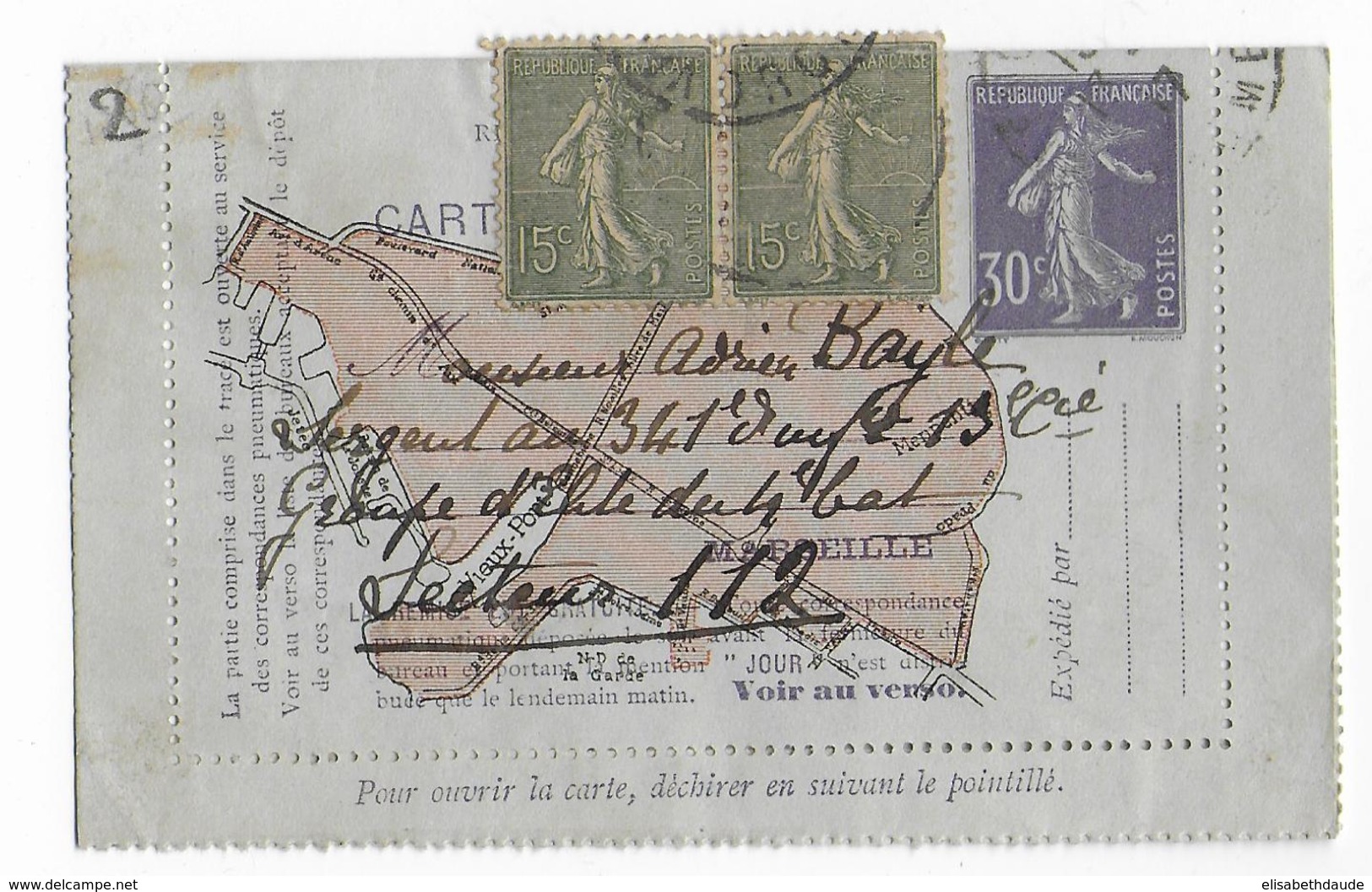 RARE CARTE-LETTRE PNEUMATIQUE De MARSEILLE TYPE SEMEUSE (NON UTILISEE à MARSEILLE Ni En PNEUMATIQUE) - Pneumatische Post