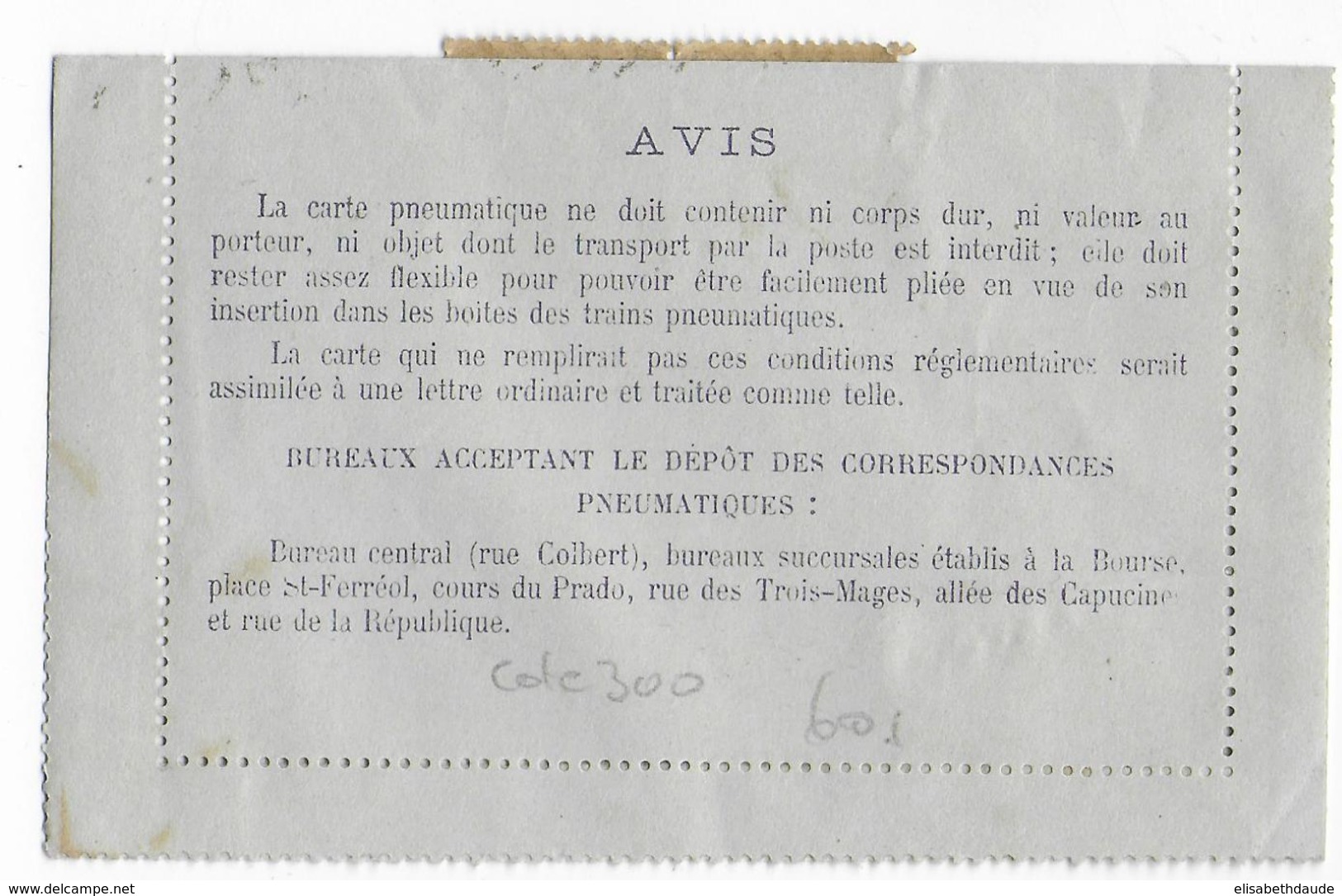 RARE CARTE-LETTRE PNEUMATIQUE De MARSEILLE TYPE SEMEUSE (NON UTILISEE à MARSEILLE Ni En PNEUMATIQUE) - Pneumatische Post