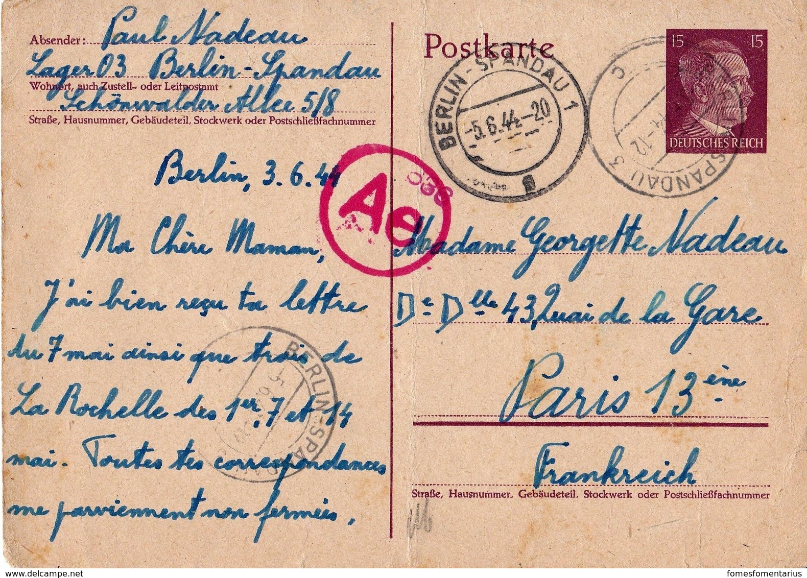 Courrier Du STO, Entier Postal, Berlin Spandau Pour Paris, Cachet De Censure Ae - 1921-1960: Période Moderne