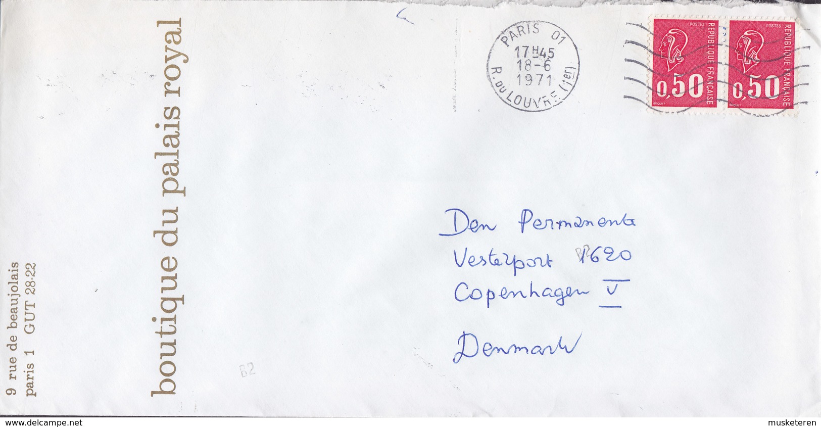 France BOUTIQUE DU PALAIS ROYAL, PARIS R. De Louvre 1971 Cover Lettre Denmark 2x Marianne Béquet Timbres - 1971-1976 Marianne (Béquet)