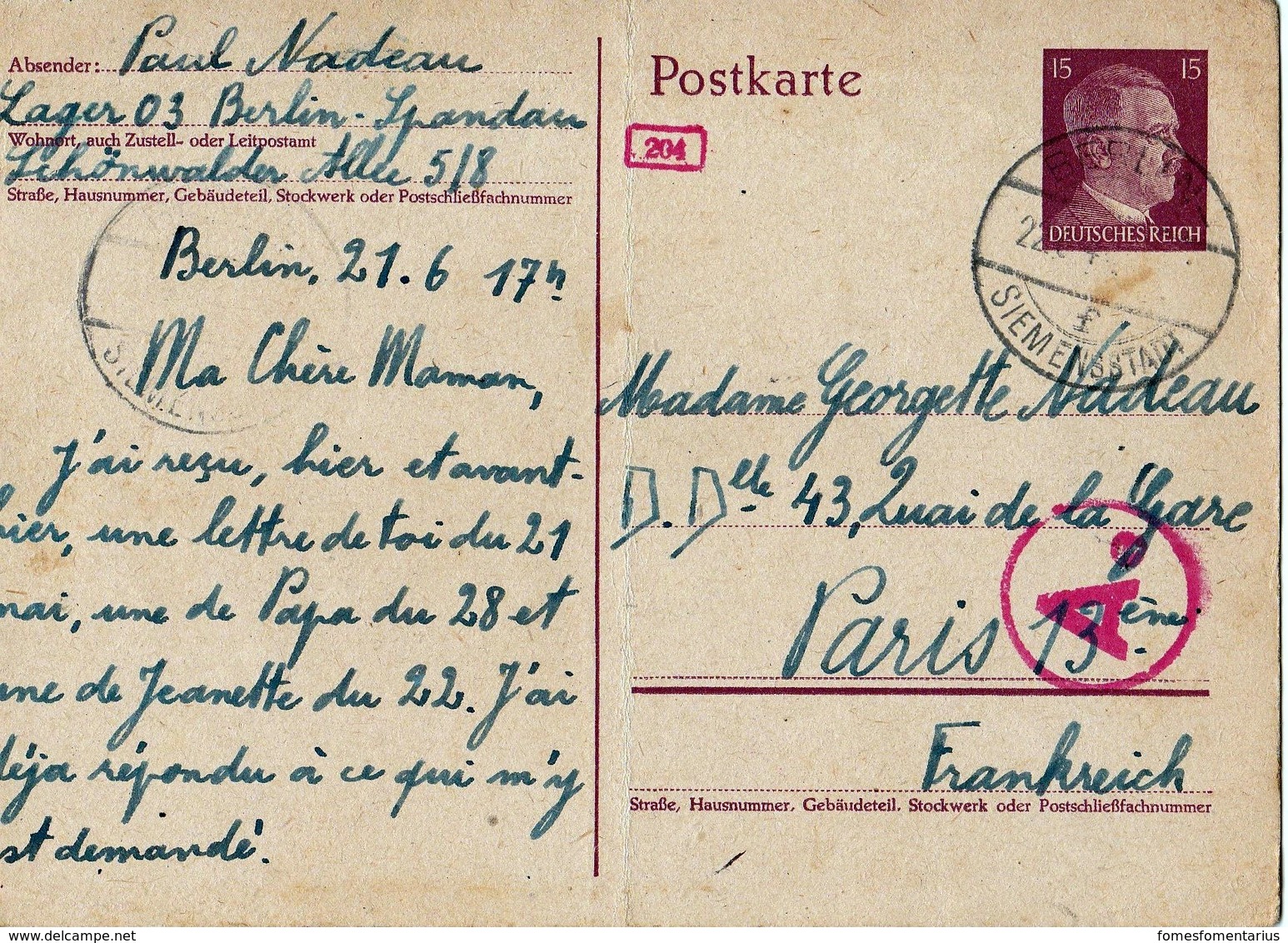 Courrier Du STO, Entier Postal , Berlin Siemensstadt Pour Paris, Cachet De Censure Ae - 1921-1960: Période Moderne