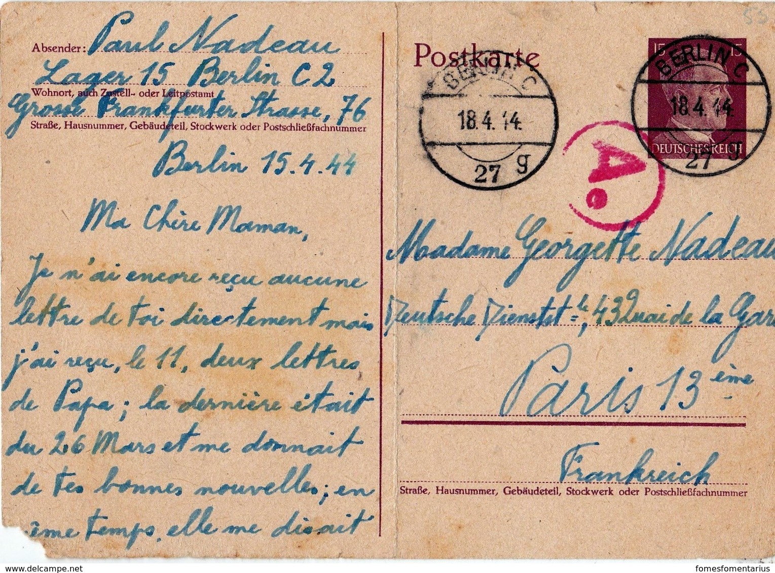 Courrier Du STO, Entier Postal, Berlin  Pour Paris, Cachet De Censure Ae - 1921-1960: Période Moderne