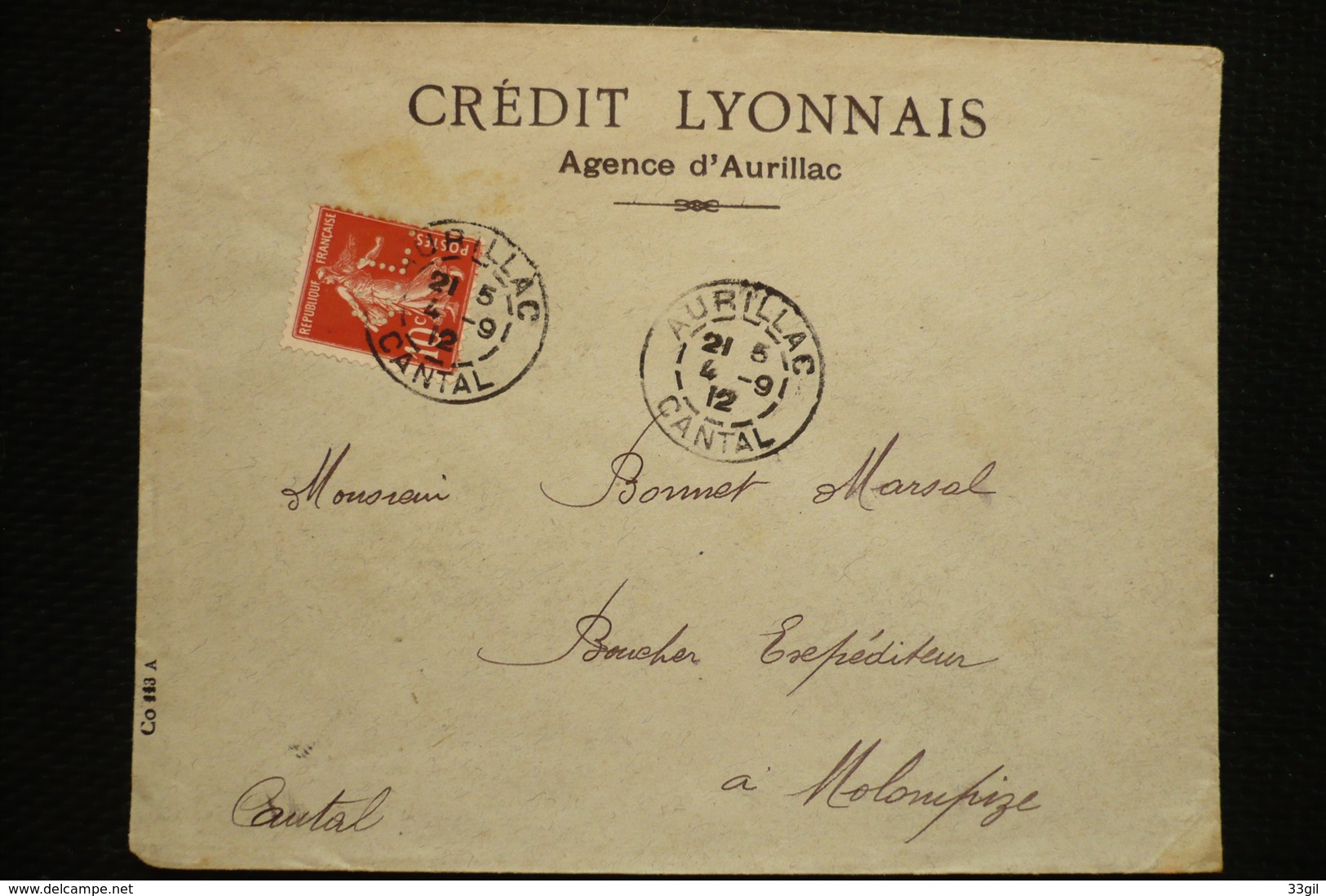 Perfin France Semeuse Perforé CL238 Sur Lettre Crédit Lyonnais Agence Aurillac 1912 - Autres & Non Classés