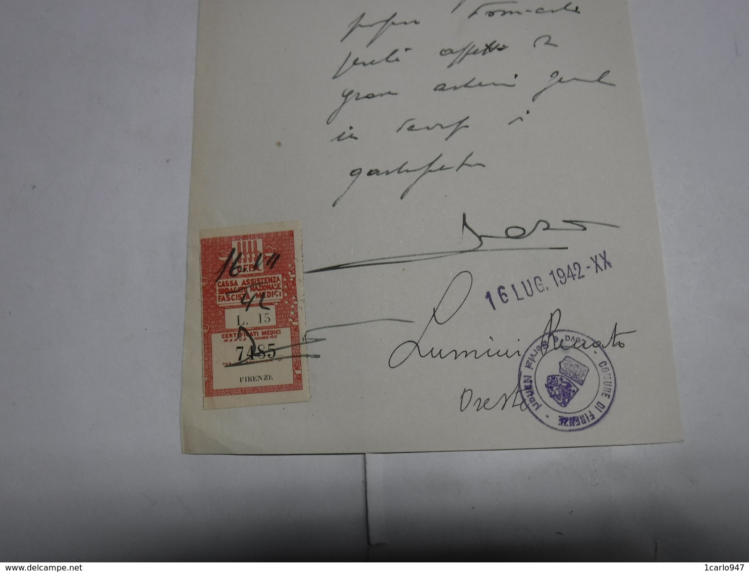 FIRENZE  --- MARCA  DA BOLLO   --  FISCALI --  L.15,00 --  CASSA ASSISTENZA  NAZI0NALE  SINDACATO FASCISTA MEDICI - Revenue Stamps