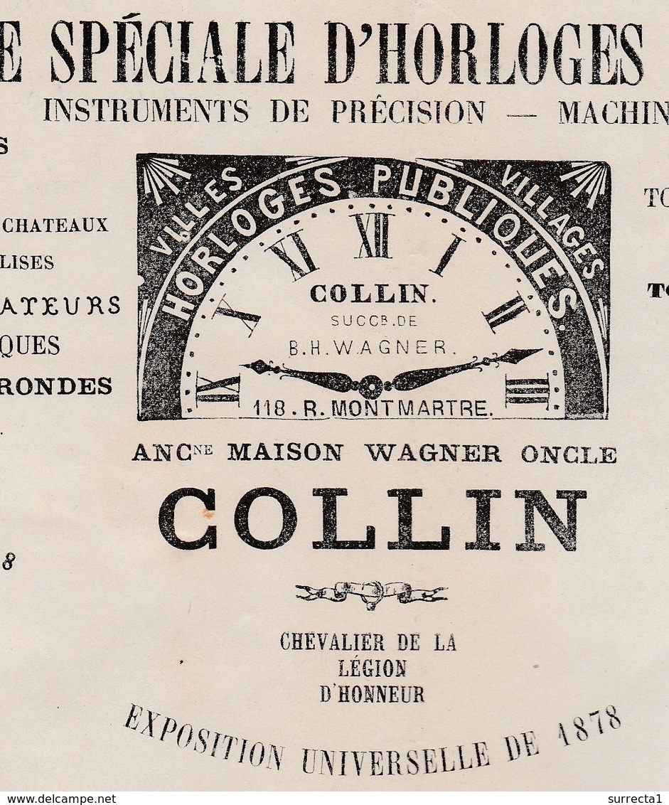 Facture 1880 / COLLIN / Fabrique Horloges Simplifiées / Girouettes Métronomes / Rue Montmartre / 75 Paris - 1800 – 1899