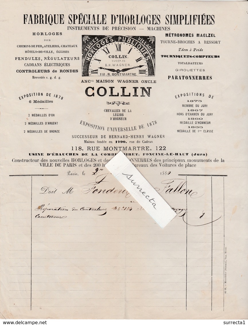 Facture 1880 / COLLIN / Fabrique Horloges Simplifiées / Girouettes Métronomes / Rue Montmartre / 75 Paris - 1800 – 1899